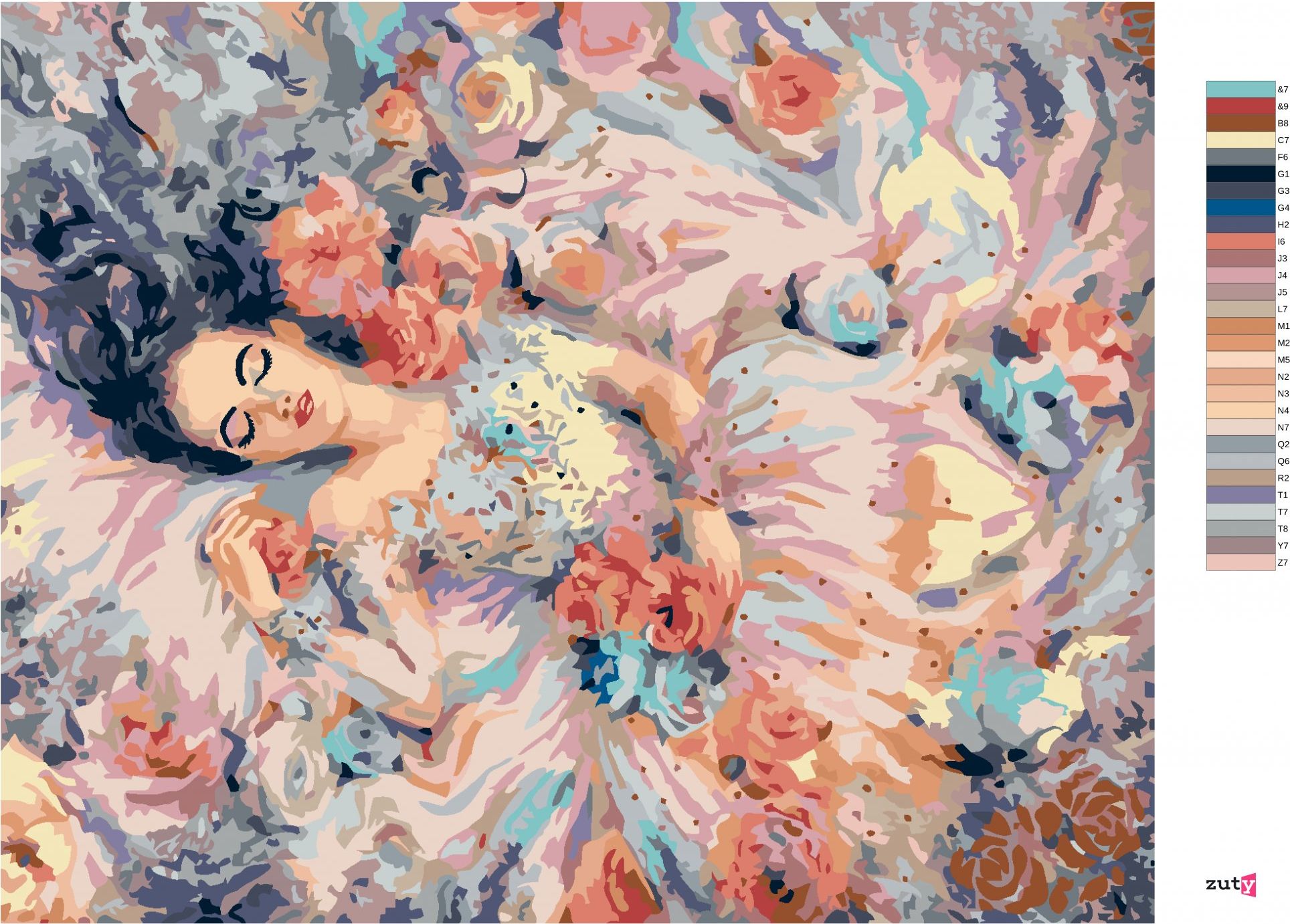 zuty Malování podle čísel - ŽENA OBKLOPENA RŮŽEMI - Rozměr: 40x50 cm, Rámování: Varianta: bez rámu a bez vypnutí plátna - obrázek 3