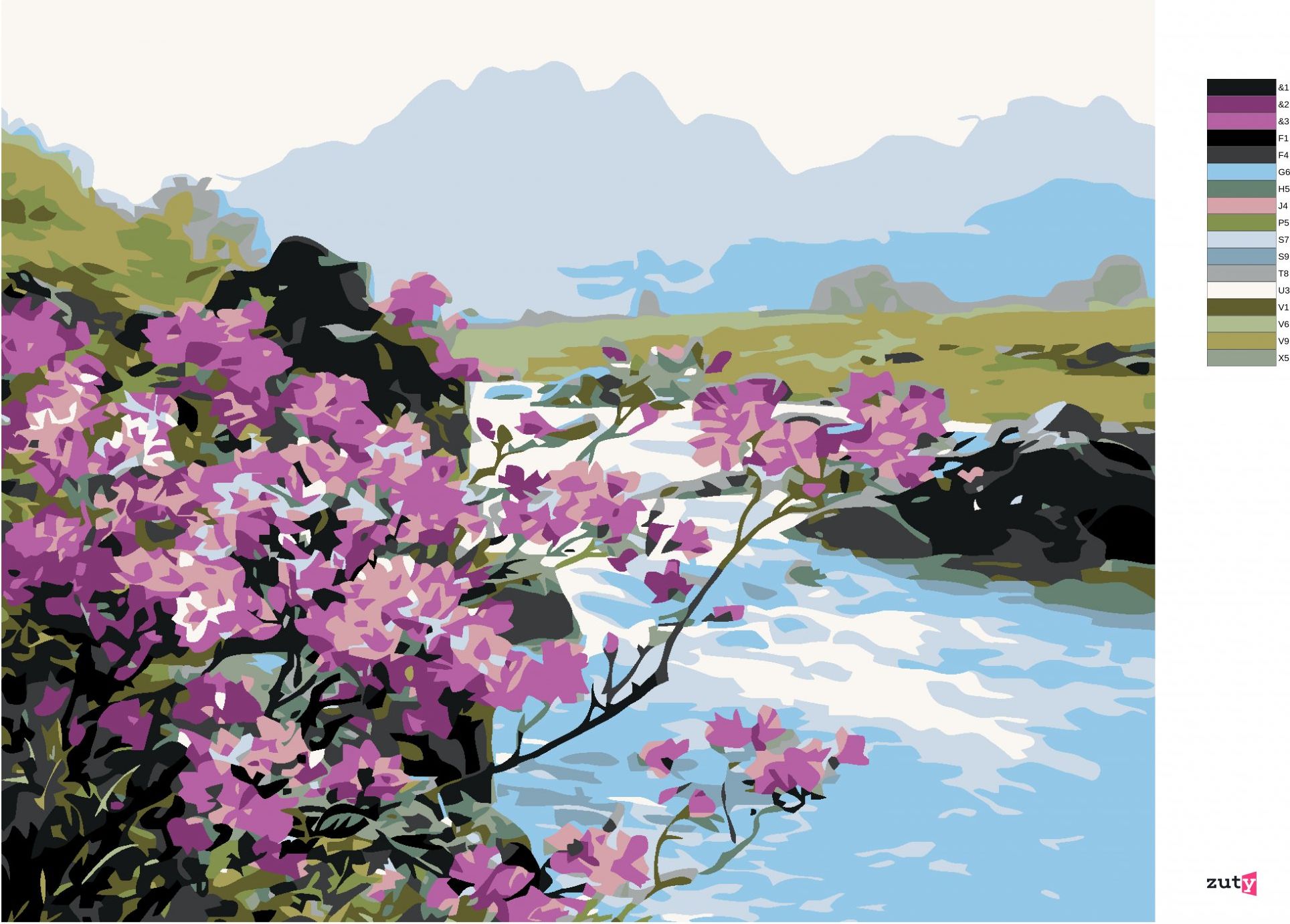 zuty Malování podle čísel - ROZKVETLÉ KVĚTINY U ŘEKY - Rozměr: 40x50 cm, Rámování: Varianta: bez rámu a bez vypnutí plátna - obrázek 2
