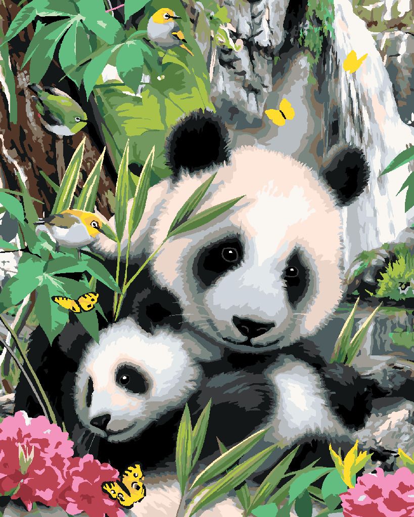 zuty Malování podle čísel - PANDA S MLÁDĚTEM A VODOPÁD (HOWARD ROBINSON) - Rozměr: 40x50 cm, Rámování: Varianta: vypnuté plátno na rám - obrázek 3