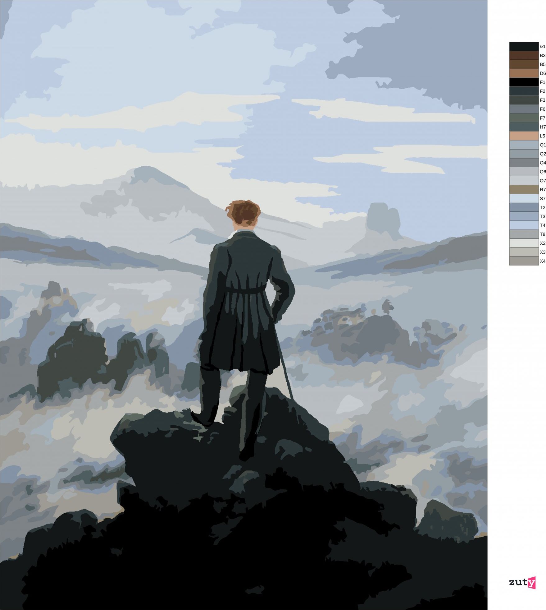 zuty Malování podle čísel - POUTNÍK NAD MOŘEM MLHY (C. D. FRIEDRICH) - Rozměr: 40x50 cm, Rámování: Varianta: vypnuté plátno na rám - obrázek 4