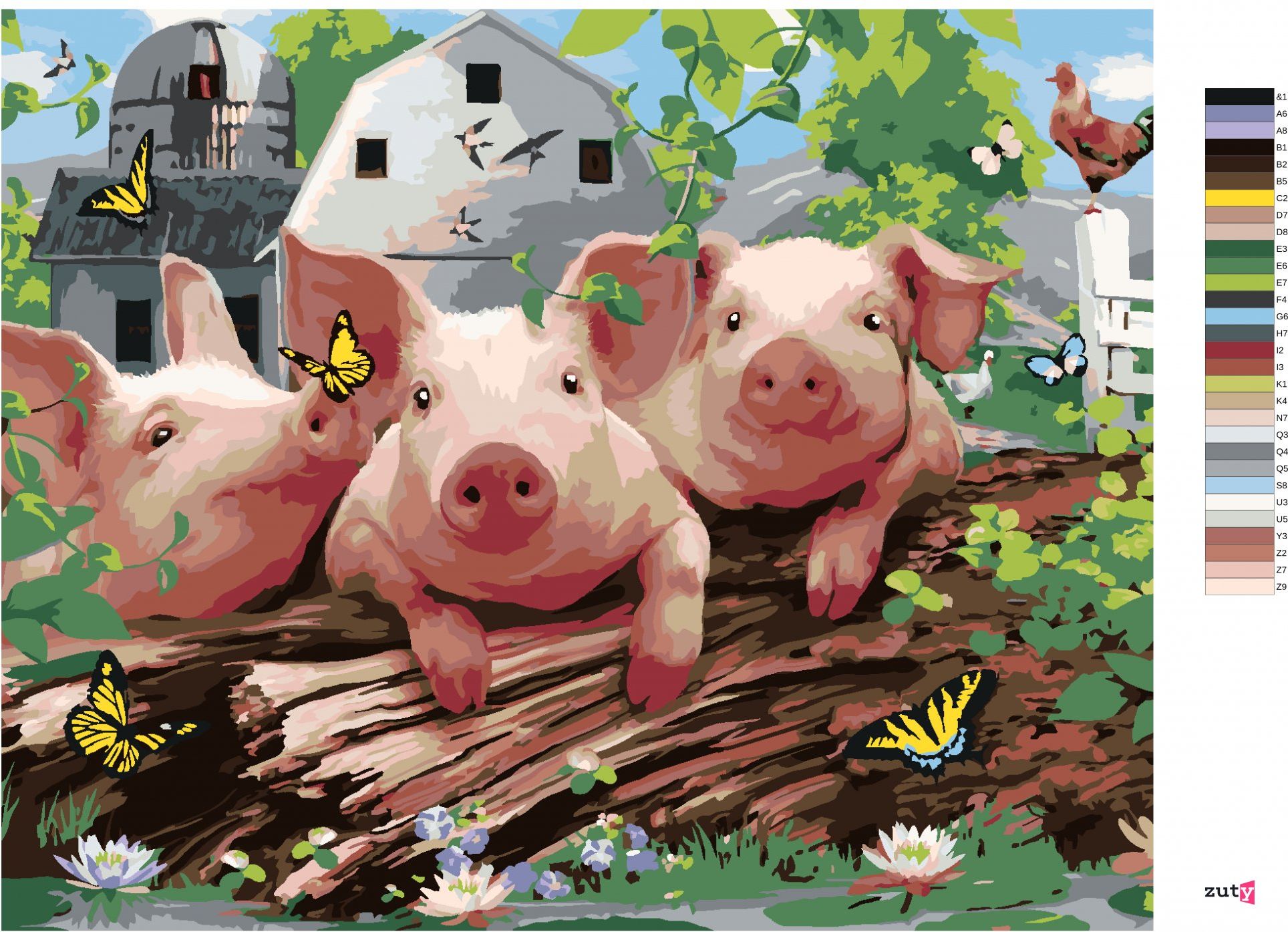zuty Malování podle čísel - PRASÁTKA NA FARMĚ A MOTÝLI (HOWARD ROBINSON) - Rozměr: 40x50 cm, Rámování: Varianta: vypnuté plátno na rám - obrázek 3