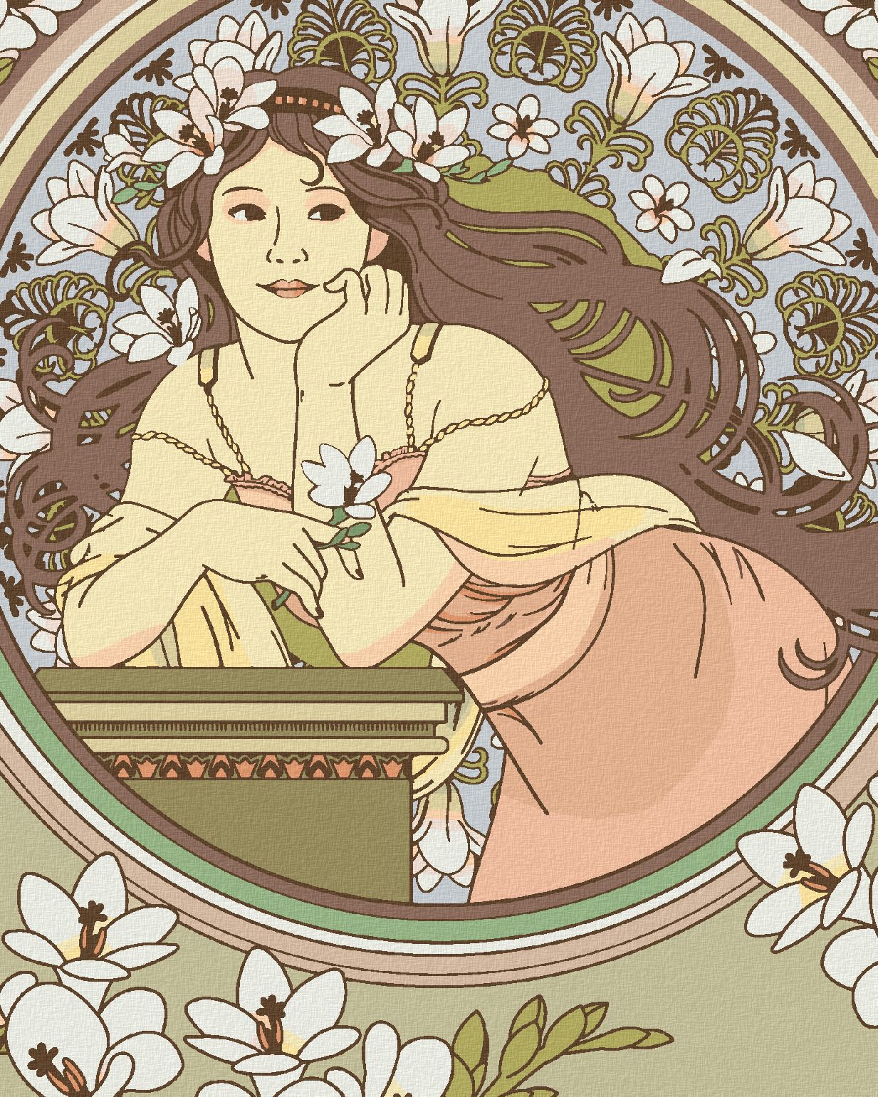 zuty Malování podle čísel - REPRODUKCE ŽENA A BÍLÉ KVĚTINY (ALFONS MUCHA) - Rozměr: 40x50 cm, Rámování: Varianta: bez rámu a bez vypnutí plátna - obrázek 1
