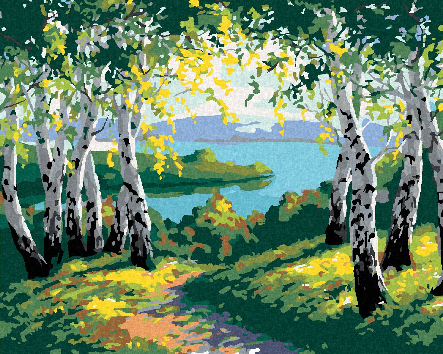 zuty Malování podle čísel - PODZIMNÍ LESNÍ KRAJINA S BŘÍZAMI A ŘEKOU - Rozměr: 40x50 cm, Rámování: Varianta: bez rámu a bez vypnutí plátna - obrázek 1