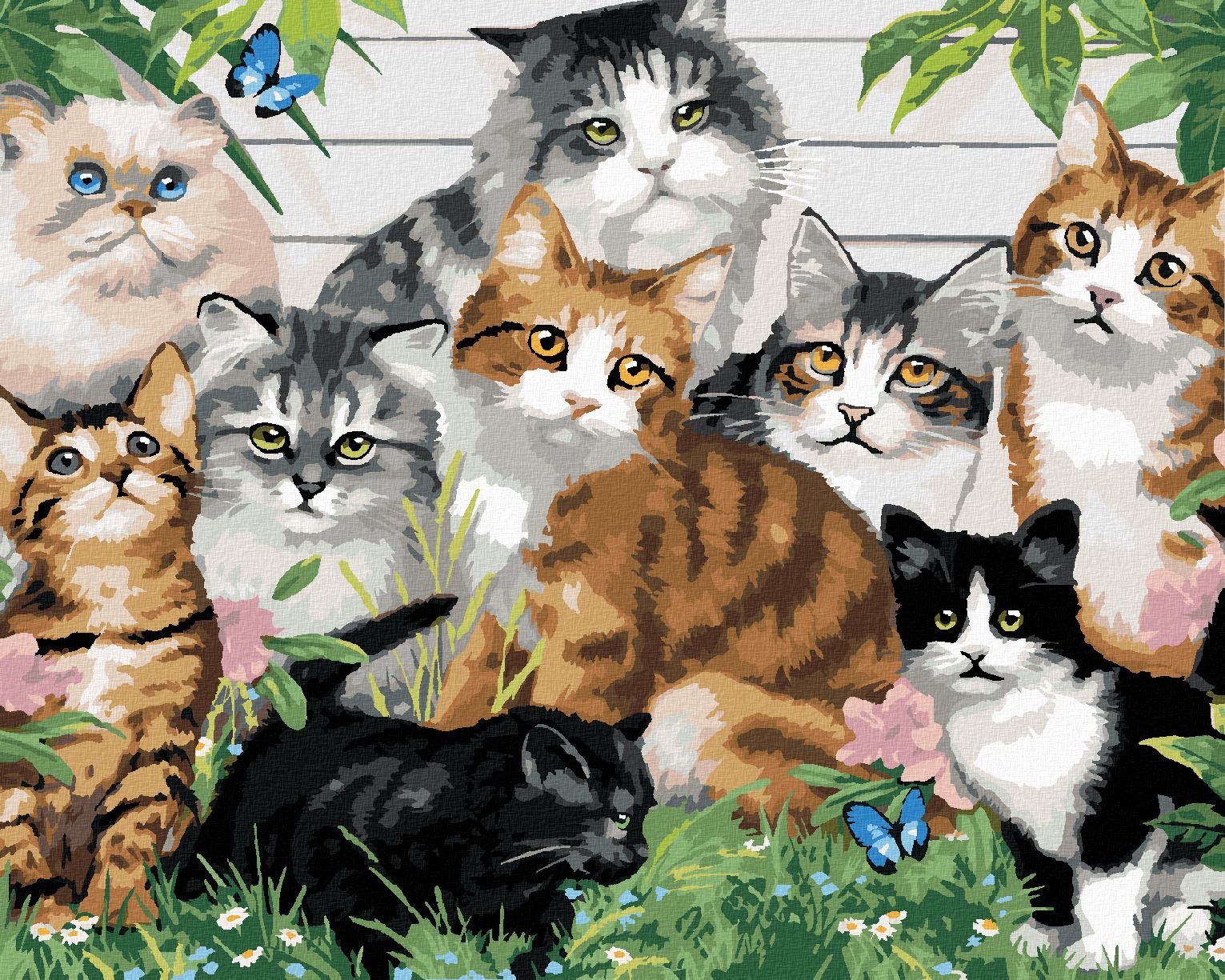 zuty Malování podle čísel - RŮZNOBAREVNÉ KOČKY PŘED DOMEM (HOWARD ROBINSON) - Rozměr: 40x50 cm, Rámování: Varianta: bez rámu a bez vypnutí plátna - obrázek 1