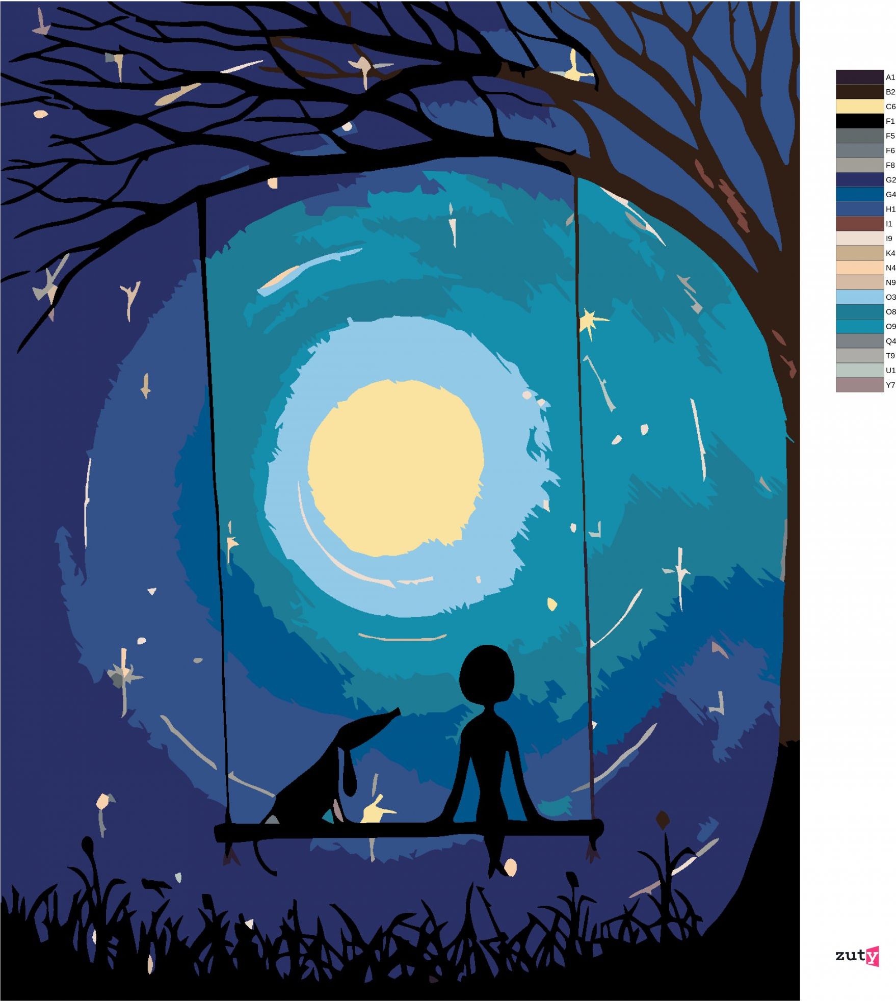 zuty Malování podle čísel - NA HOUPAČCE POD MĚSÍCEM - Rozměr: 40x50 cm, Rámování: Varianta: vypnuté plátno na rám - obrázek 4