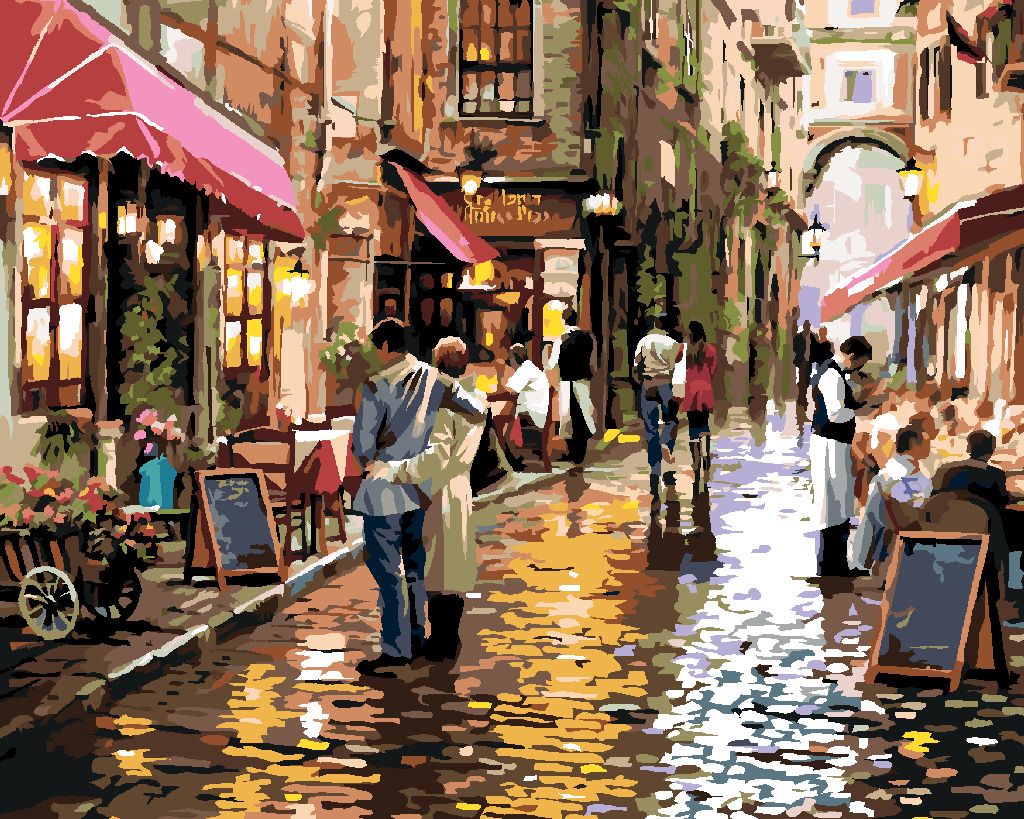 zuty Malování podle čísel - PÁR U KAVÁRNY (RICHARD MACNEIL) - Rozměr: 40x50 cm, Rámování: Varianta: vypnuté plátno na rám - obrázek 5