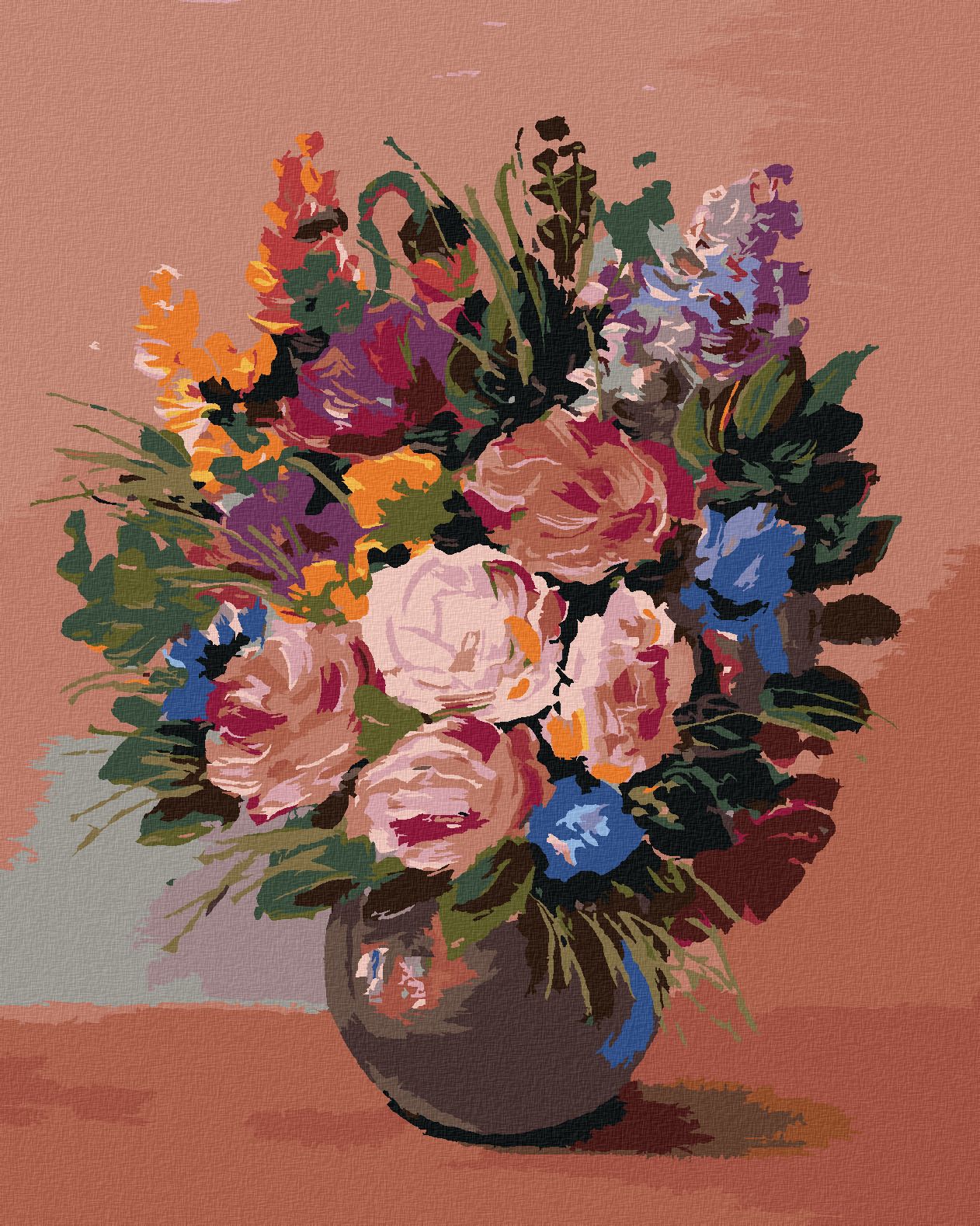 zuty Malování podle čísel - KYTICE KVĚTIN NA ORANŽOVÉM POZADÍ - Rozměr: 40x50 cm, Rámování: Varianta: bez rámu a bez vypnutí plátna - obrázek 1