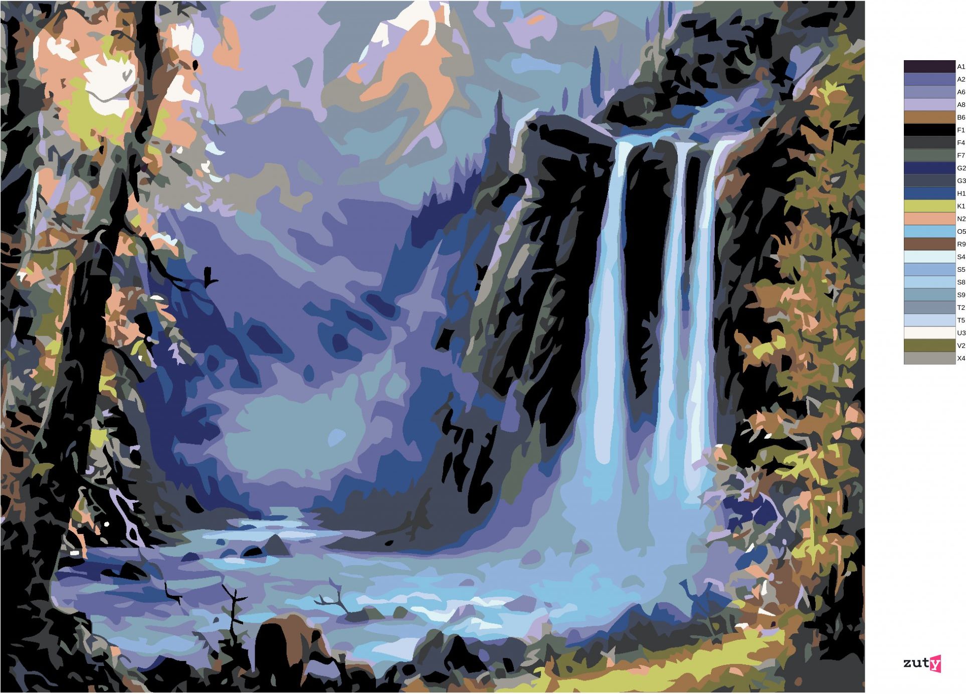 zuty Malování podle čísel - VODOPÁD PŘI ZÁPADU SLUNCE - Rozměr: 40x50 cm, Rámování: Varianta: bez rámu a bez vypnutí plátna - obrázek 2