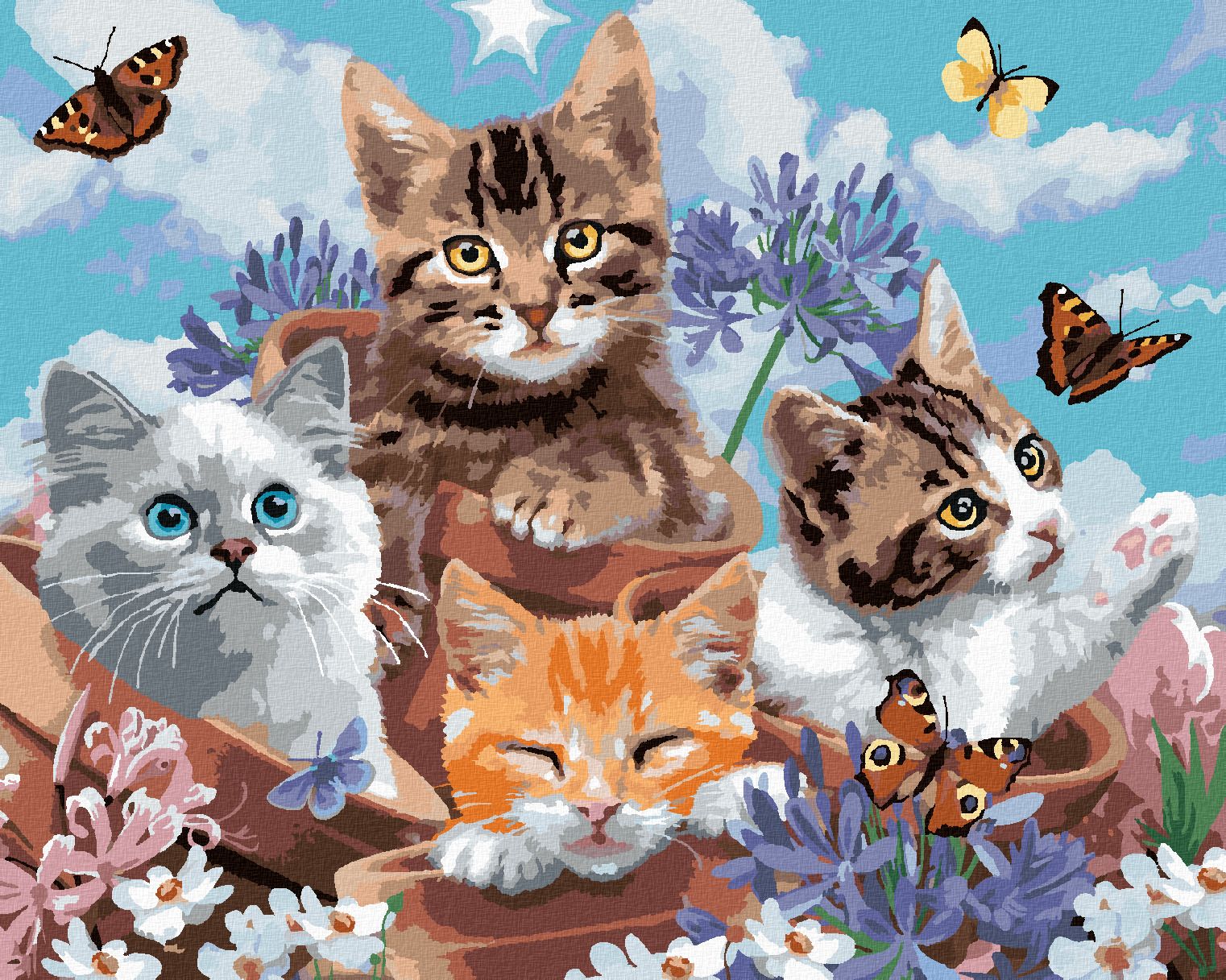zuty Malování podle čísel - KOČKY V KVĚTINÁČÍCH A MOTÝLCI (HOWARD ROBINSON) - Rozměr: 40x50 cm, Rámování: Varianta: bez rámu a bez vypnutí plátna - obrázek 1