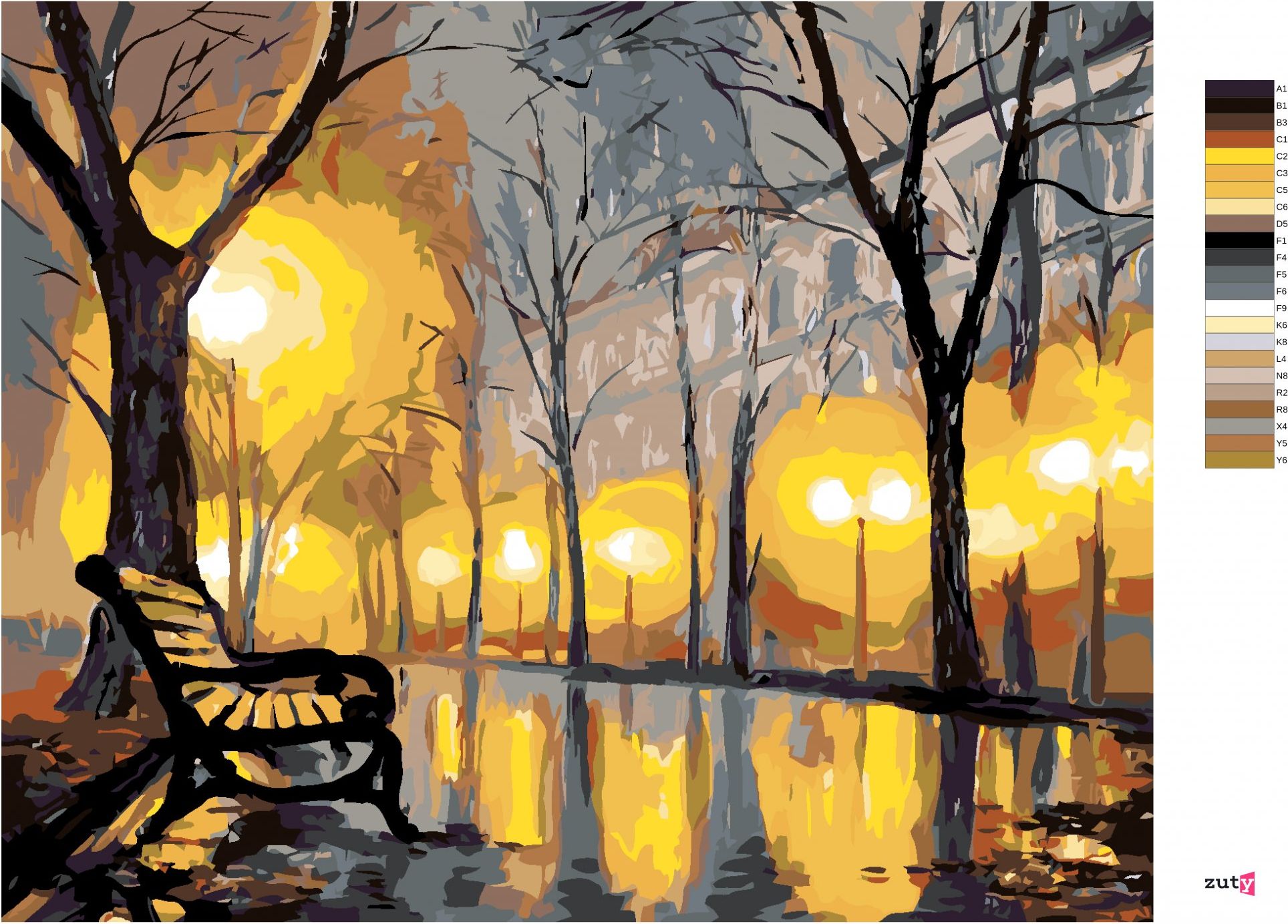 zuty Malování podle čísel - PODZIMNÍ PARK A LAVIČKA - Rozměr: 40x50 cm, Rámování: Varianta: bez rámu a bez vypnutí plátna - obrázek 7