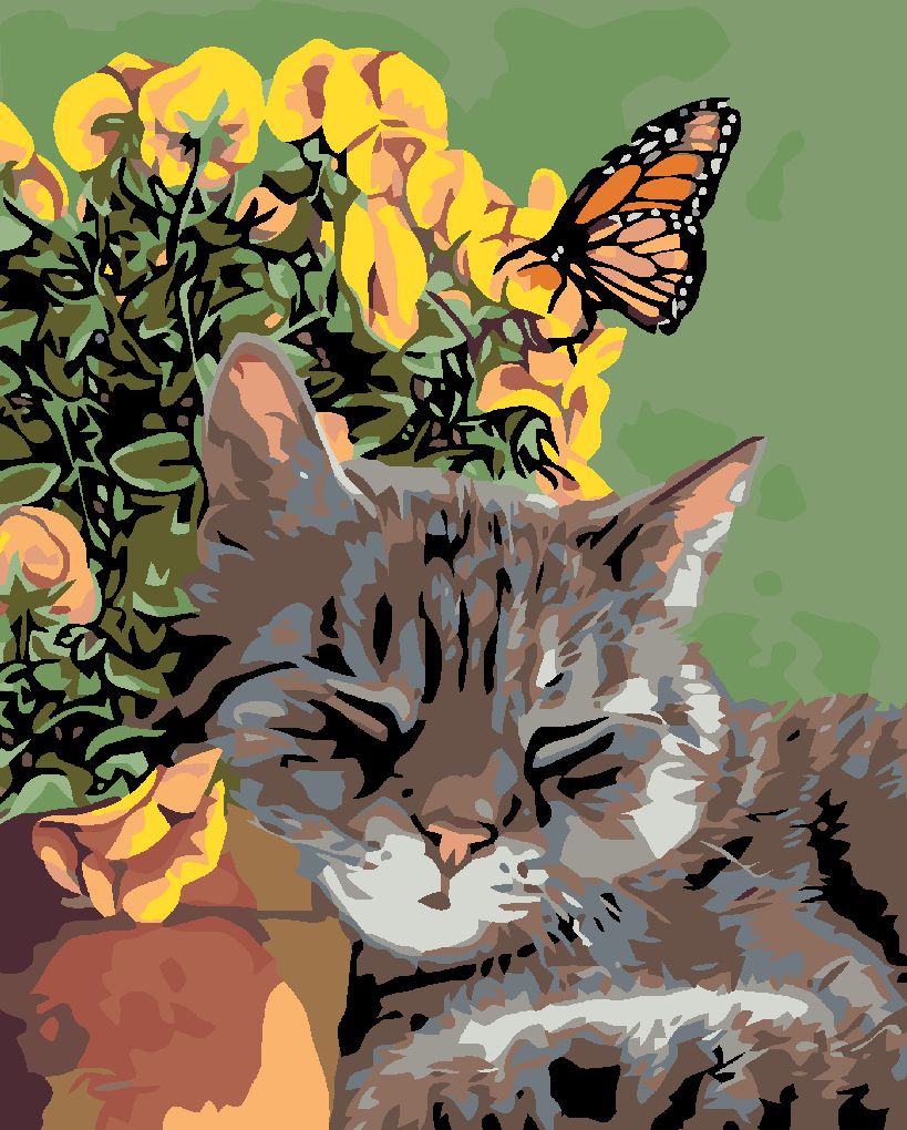 zuty Malování podle čísel - ODPOČÍVAJÍCÍ KOCOUR A MOTÝL V KVĚTINÁCH - Rozměr: 40x50 cm, Rámování: Varianta: bez rámu a bez vypnutí plátna - obrázek 2