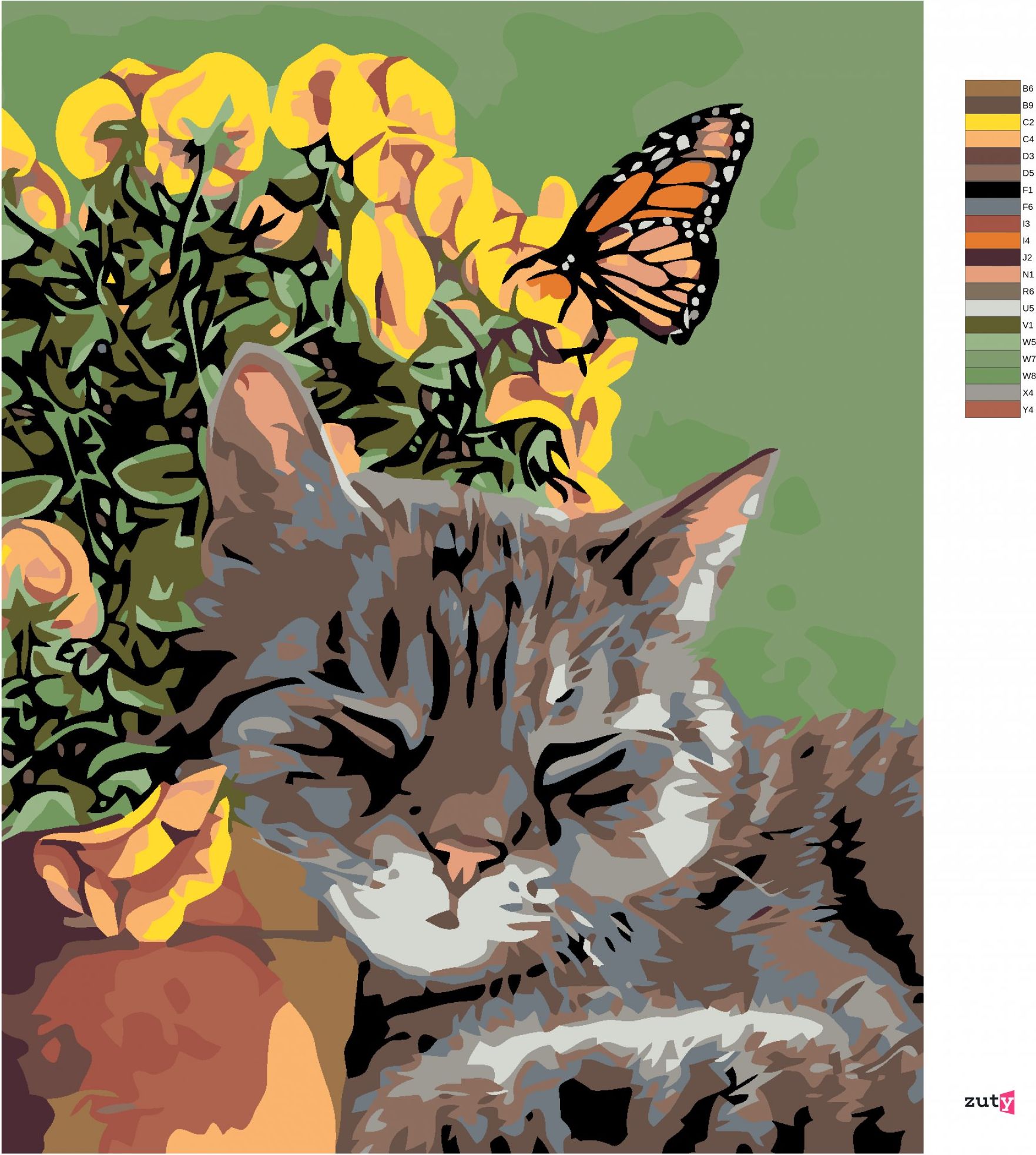 zuty Malování podle čísel - ODPOČÍVAJÍCÍ KOCOUR A MOTÝL V KVĚTINÁCH - Rozměr: 40x50 cm, Rámování: Varianta: bez rámu a bez vypnutí plátna - obrázek 9