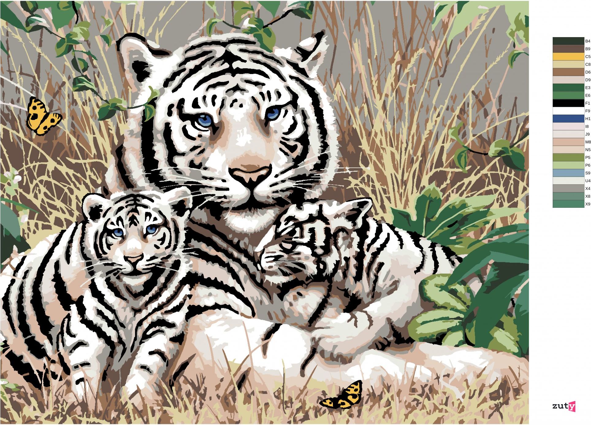 zuty Malování podle čísel - BÍLÝ TYGR A MLÁĎATA V TRÁVĚ (HOWARD ROBINSON) - Rozměr: 40x50 cm, Rámování: Varianta: bez rámu a bez vypnutí plátna - obrázek 3