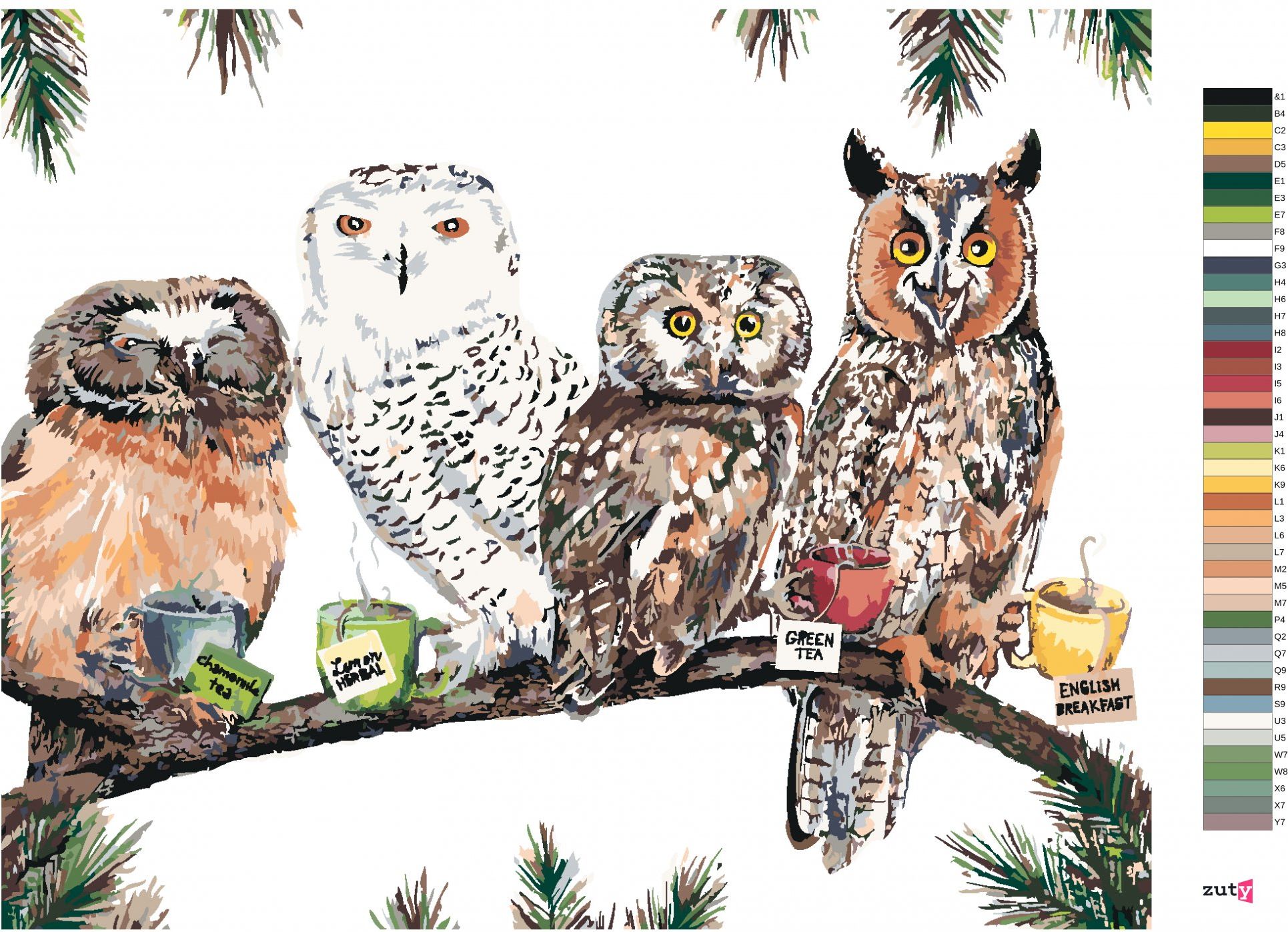 zuty Malování podle čísel - SOVY S ČAJEM (HOLLY SIMENTAL) - Rozměr: 40x50 cm, Rámování: Varianta: bez rámu a bez vypnutí plátna - obrázek 8