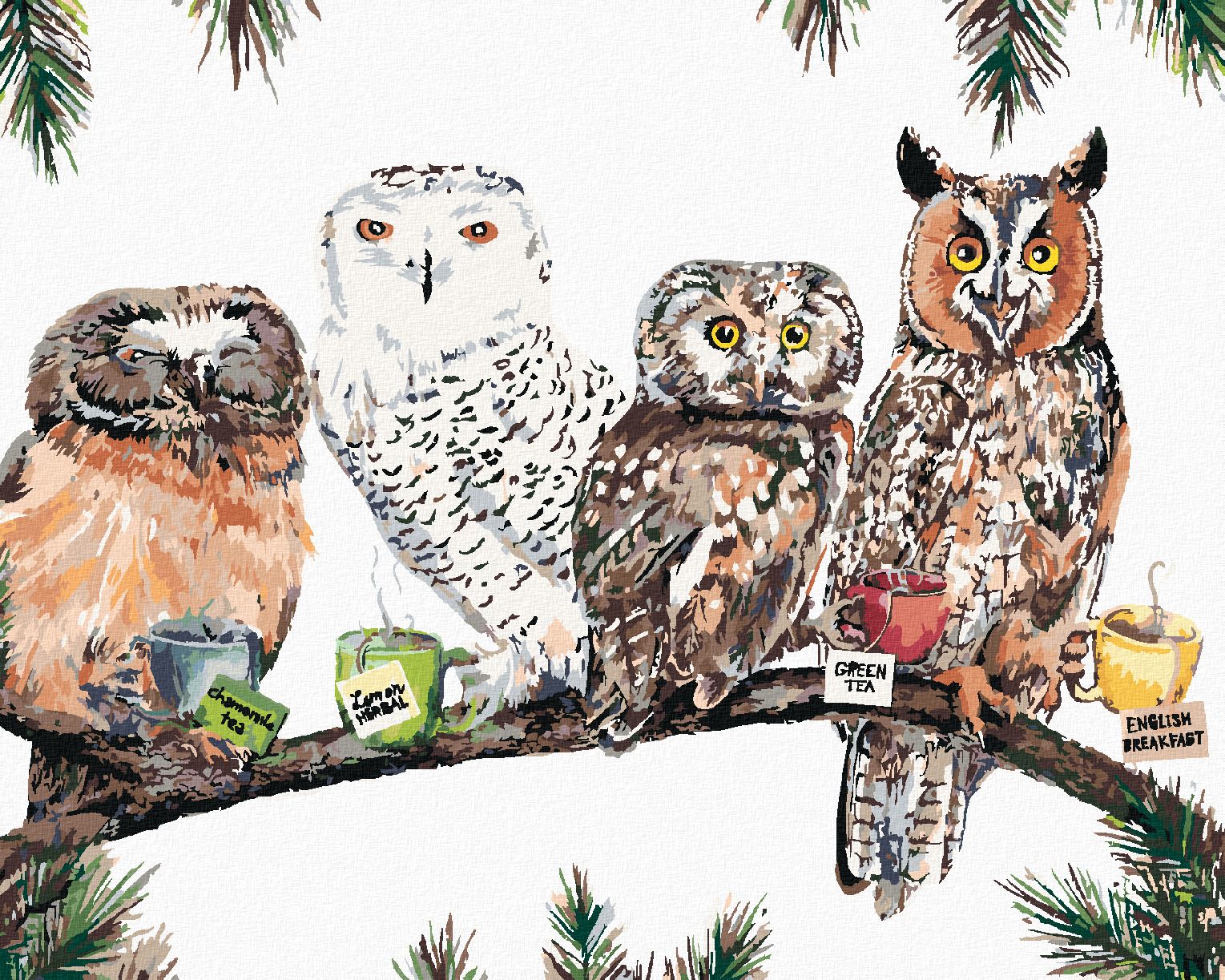 zuty Malování podle čísel - SOVY S ČAJEM (HOLLY SIMENTAL) - Rozměr: 40x50 cm, Rámování: Varianta: vypnuté plátno na rám - obrázek 1