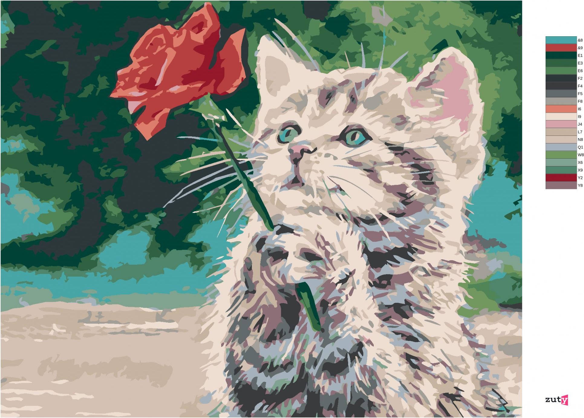 zuty Malování podle čísel - KOTĚ A ČERVENÁ RŮŽE - Rozměr: 40x50 cm, Rámování: Varianta: vypnuté plátno na rám - obrázek 5