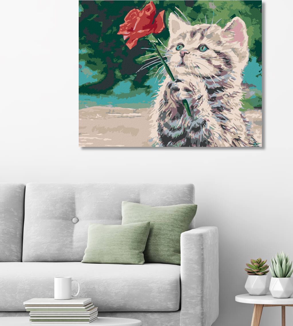 zuty Malování podle čísel - KOTĚ A ČERVENÁ RŮŽE - Rozměr: 40x50 cm, Rámování: Varianta: vypnuté plátno na rám - obrázek 7