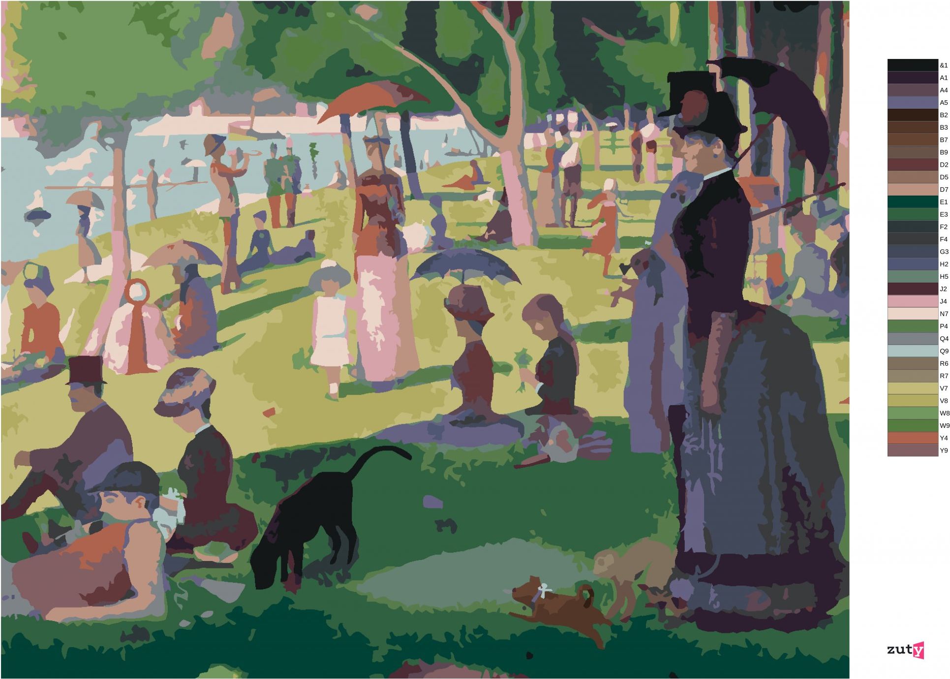 zuty Malování podle čísel - NEDĚLNÍ ODPOLEDNE NA OSTROVĚ GRANDE JATTE (G. SEURAT) - Rozměr: 40x50 cm, Rámování: Varianta: vypnuté plátno na rám - obrázek 3