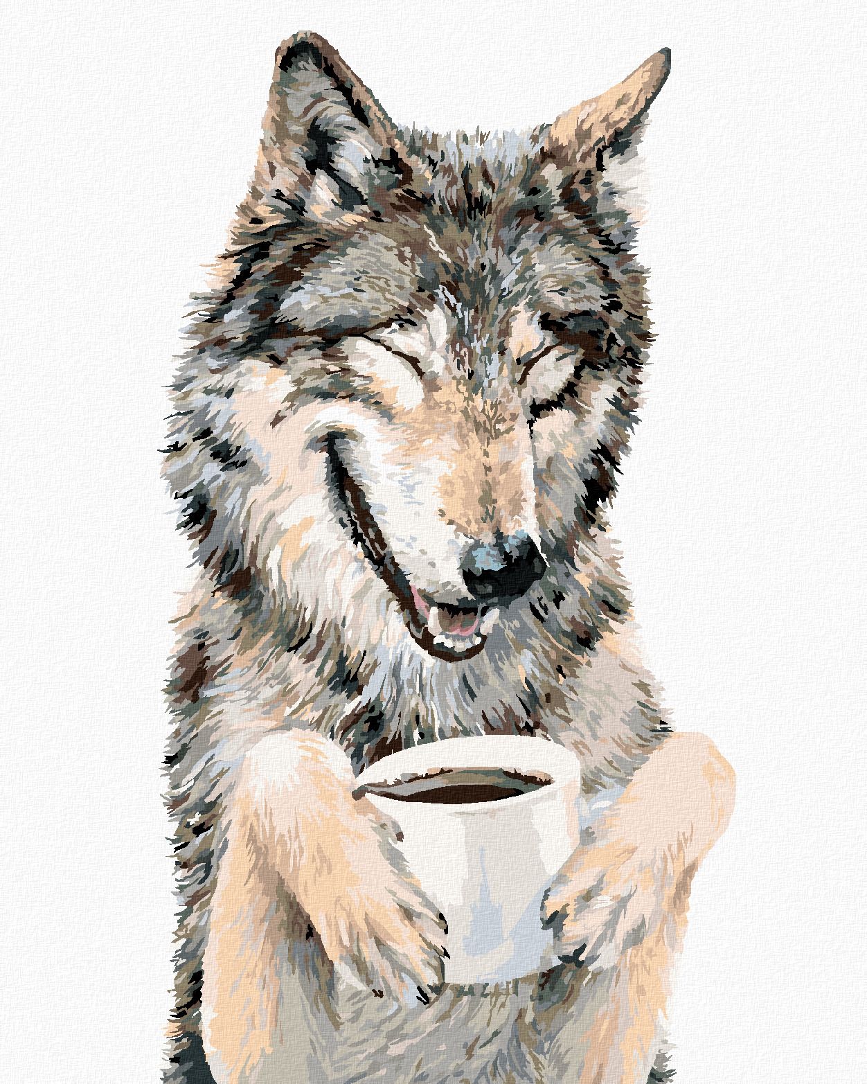 zuty Malování podle čísel - VLK A KÁVA (HOLLY SIMENTAL) - Rozměr: 40x50 cm, Rámování: Varianta: vypnuté plátno na rám - obrázek 1