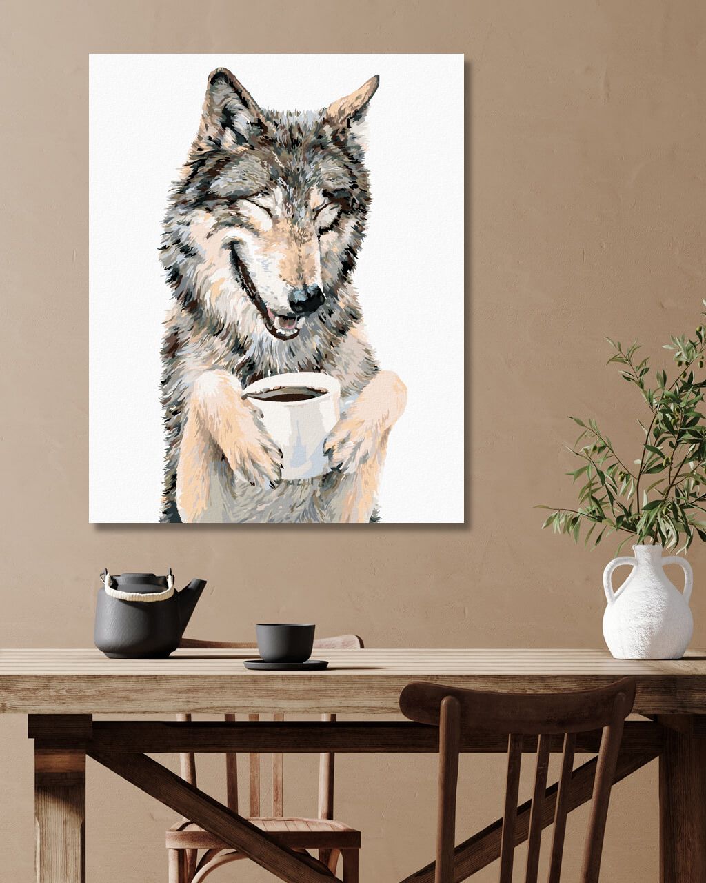 zuty Malování podle čísel - VLK A KÁVA (HOLLY SIMENTAL) - Rozměr: 40x50 cm, Rámování: Varianta: vypnuté plátno na rám - obrázek 6
