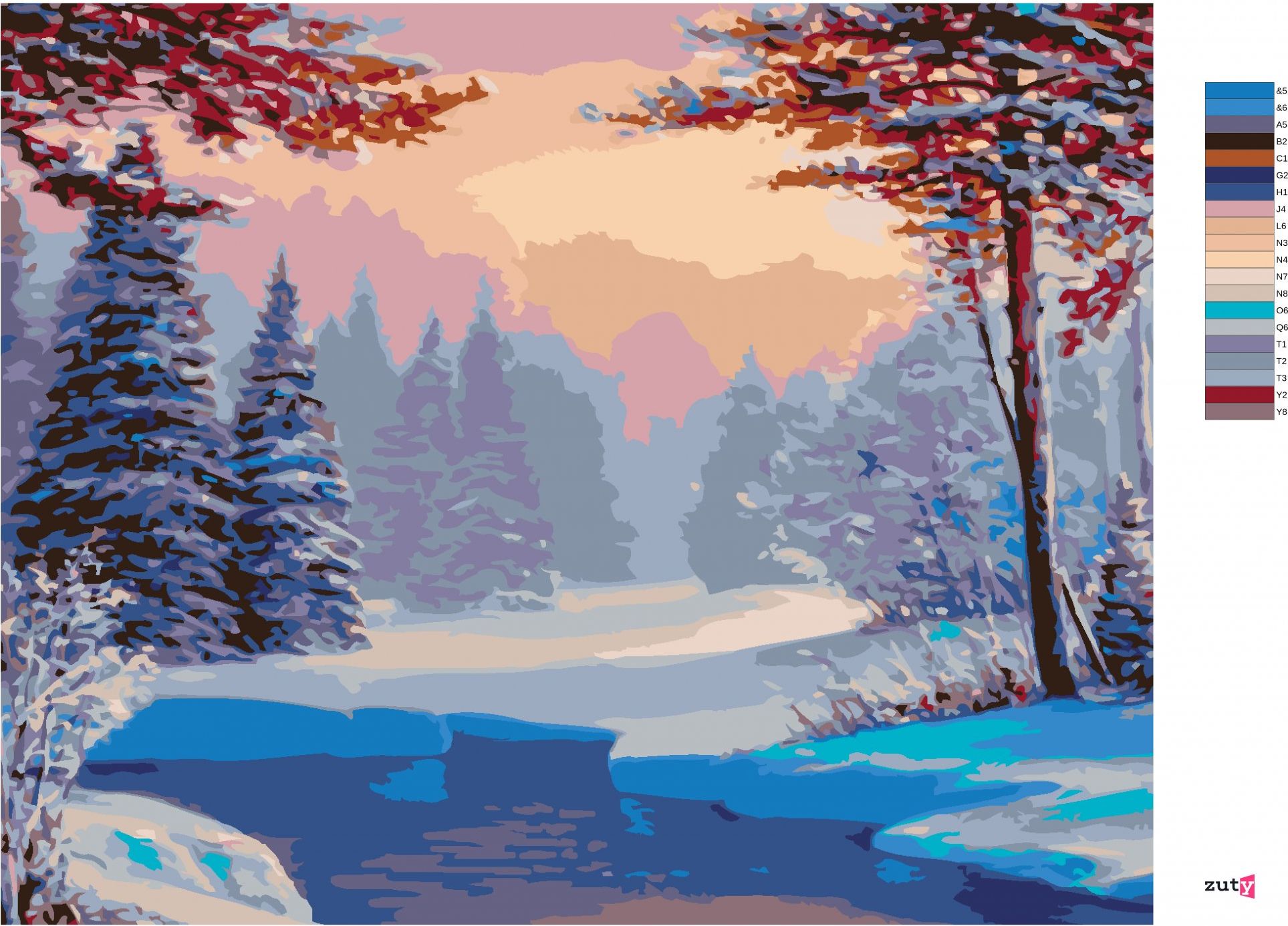 zuty Malování podle čísel - ZASNĚŽENÁ KRAJINA S ŘEKOU - Rozměr: 40x50 cm, Rámování: Varianta: bez rámu a bez vypnutí plátna - obrázek 2