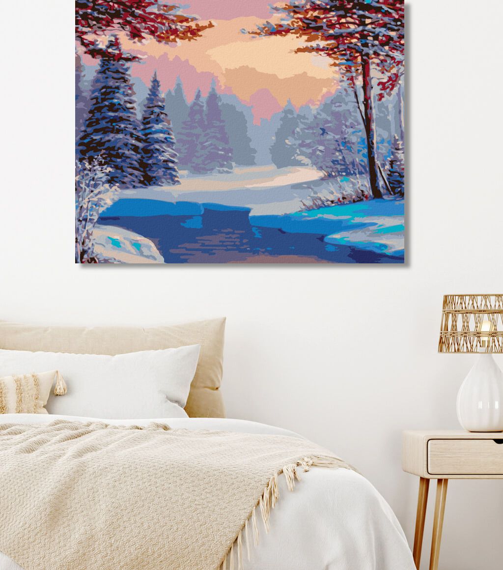 zuty Malování podle čísel - ZASNĚŽENÁ KRAJINA S ŘEKOU - Rozměr: 40x50 cm, Rámování: Varianta: vypnuté plátno na rám - obrázek 3