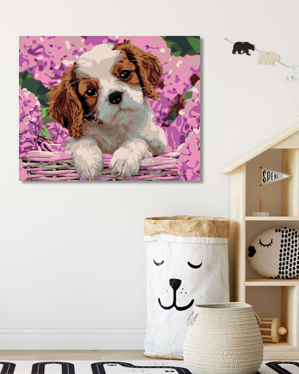 zuty Malování podle čísel - ŠTĚŇÁTKO A HORTENZIE - Rozměr: 40x50 cm, Rámování: Varianta: vypnuté plátno na rám - obrázek 4