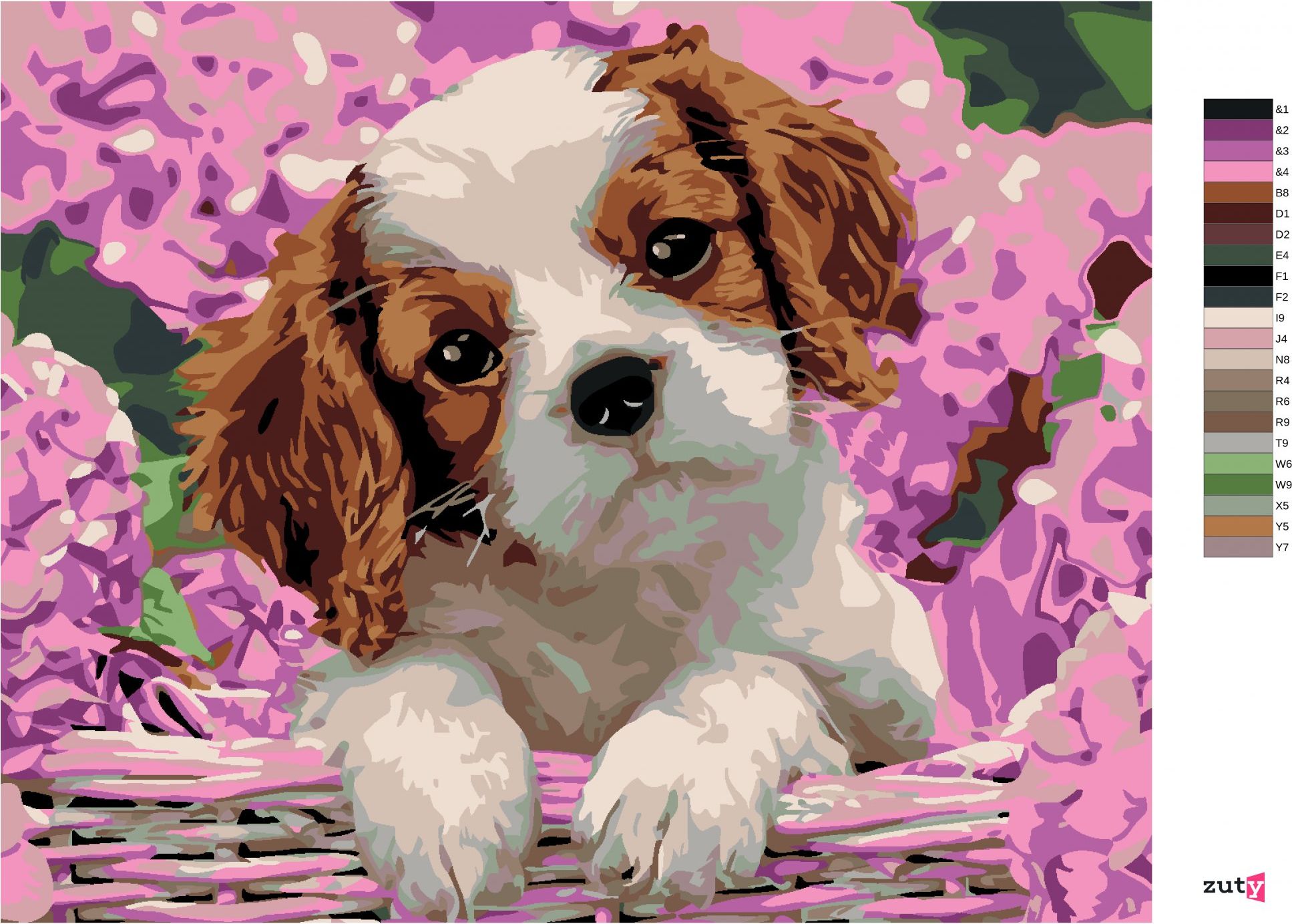 zuty Malování podle čísel - ŠTĚŇÁTKO A HORTENZIE - Rozměr: 40x50 cm, Rámování: Varianta: vypnuté plátno na rám - obrázek 5