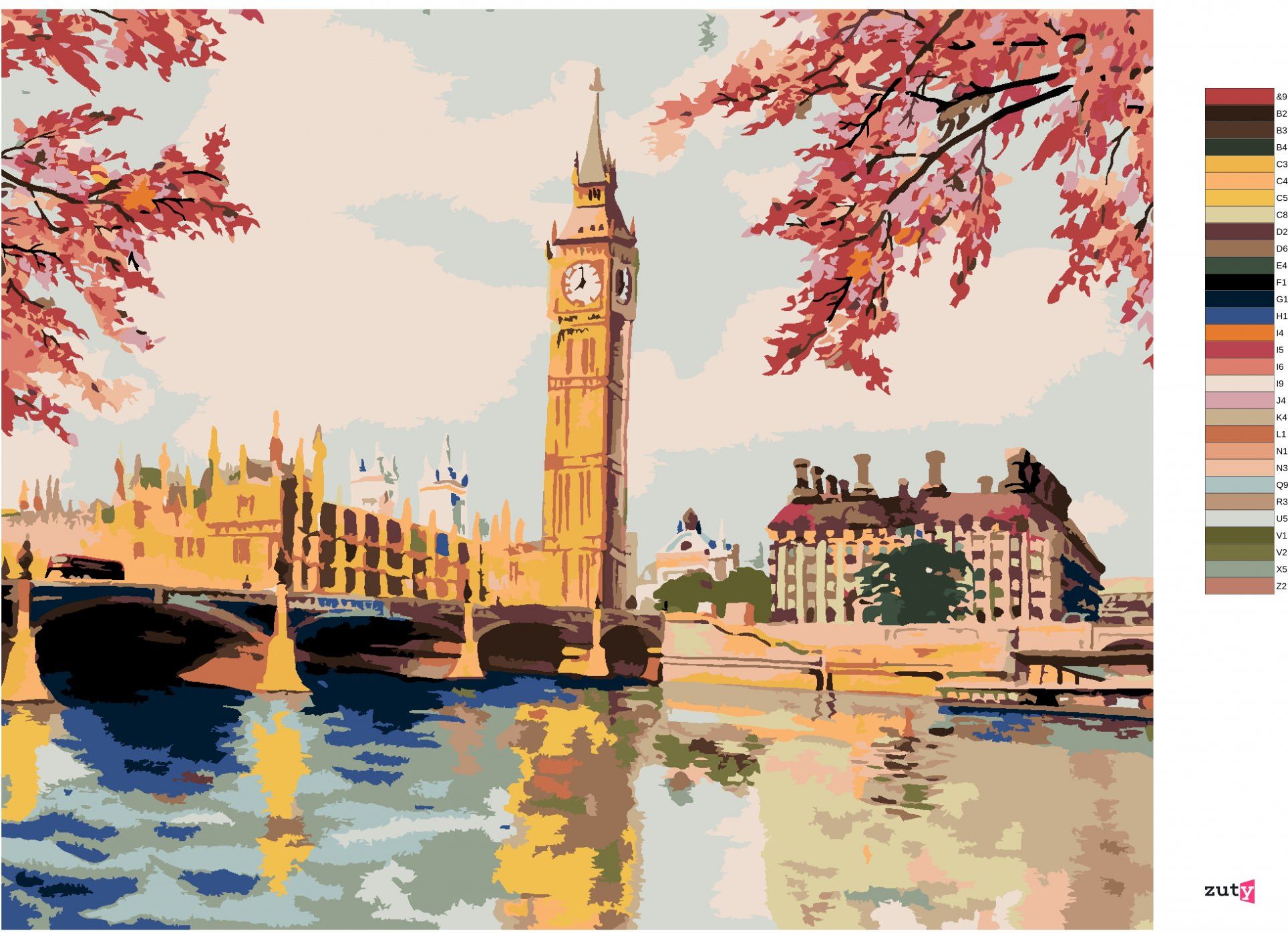 zuty Malování podle čísel - BIG BEN NA PODZIM - Rozměr: 40x50 cm, Rámování: Varianta: vypnuté plátno na rám - obrázek 2