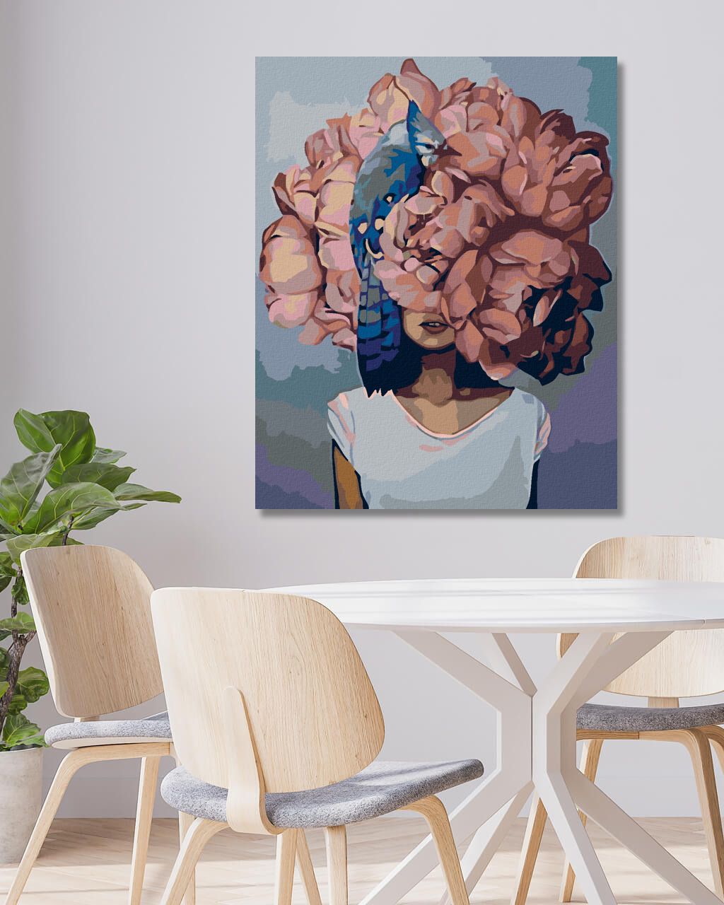 zuty Malování podle čísel - ŽENA S RŮŽOVOU KVĚTINOU A PTÁČKEM - Rozměr: 40x50 cm, Rámování: Varianta: vypnuté plátno na rám - obrázek 2