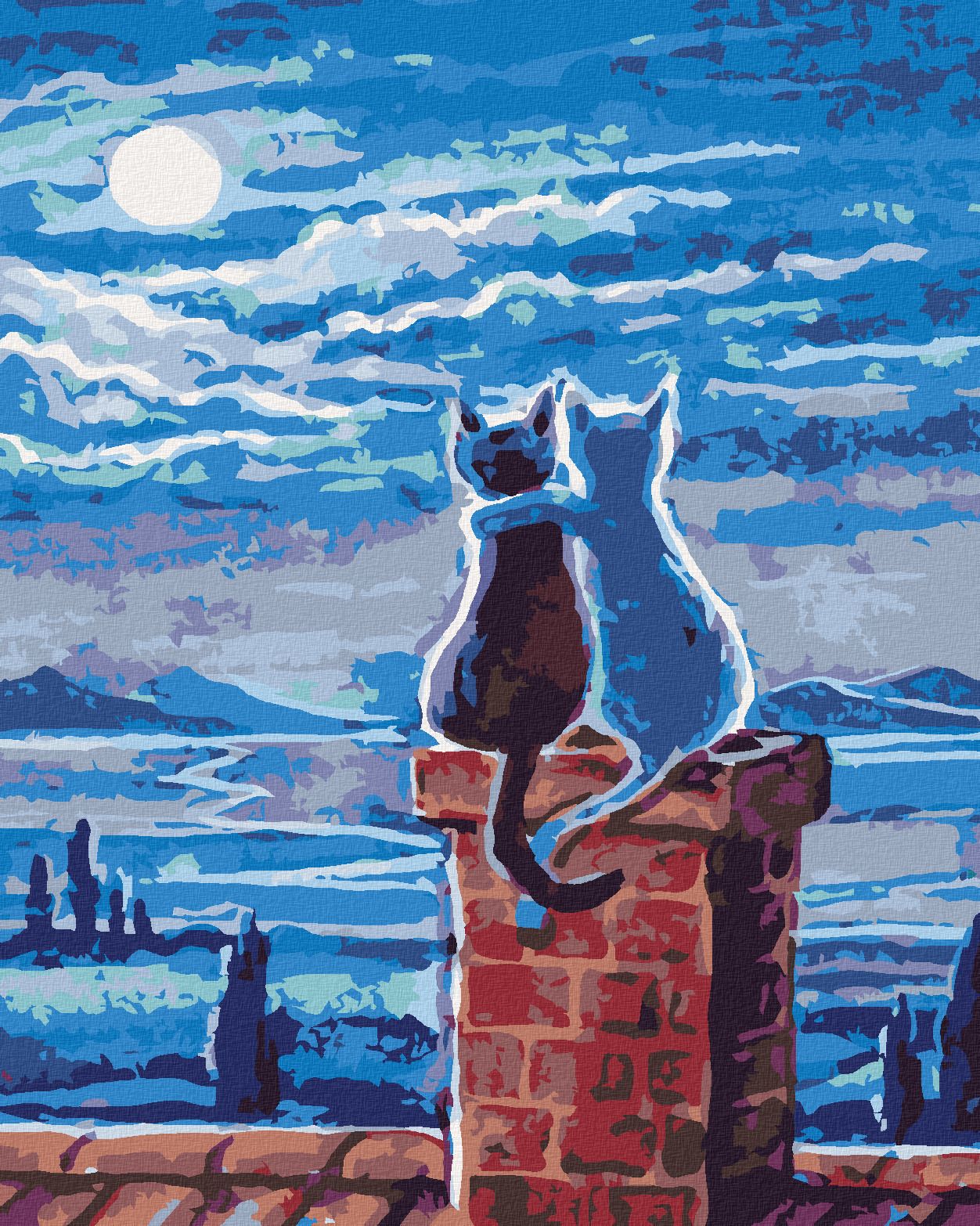 zuty Malování podle čísel - KOČKY NA STŘEŠE A MĚSÍC - Rozměr: 40x50 cm, Rámování: Varianta: bez rámu a bez vypnutí plátna - obrázek 1