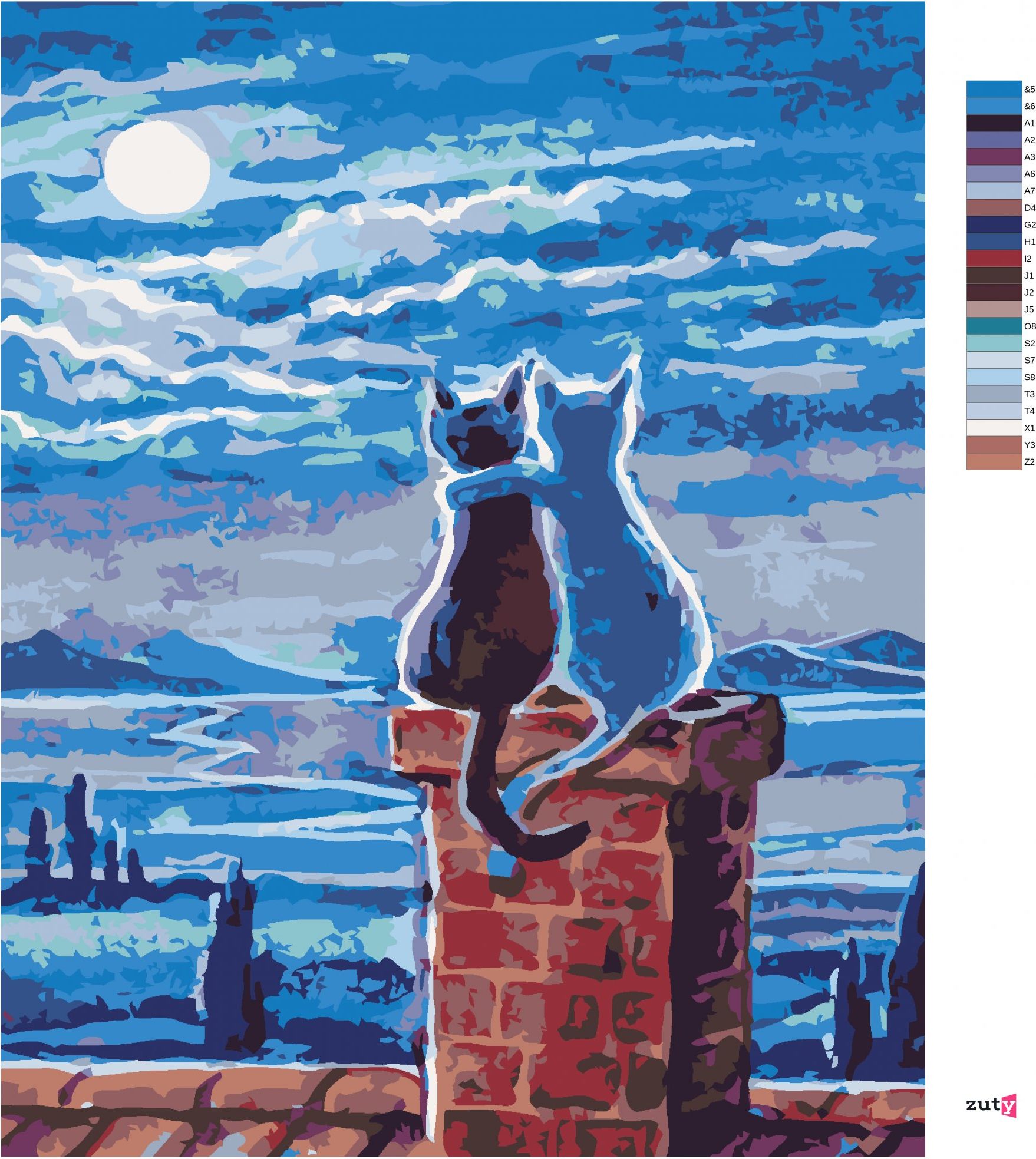 zuty Malování podle čísel - KOČKY NA STŘEŠE A MĚSÍC - Rozměr: 40x50 cm, Rámování: Varianta: bez rámu a bez vypnutí plátna - obrázek 6