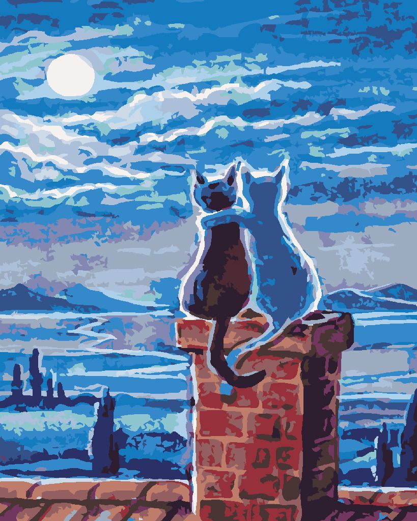 zuty Malování podle čísel - KOČKY NA STŘEŠE A MĚSÍC - Rozměr: 40x50 cm, Rámování: Varianta: bez rámu a bez vypnutí plátna - obrázek 7