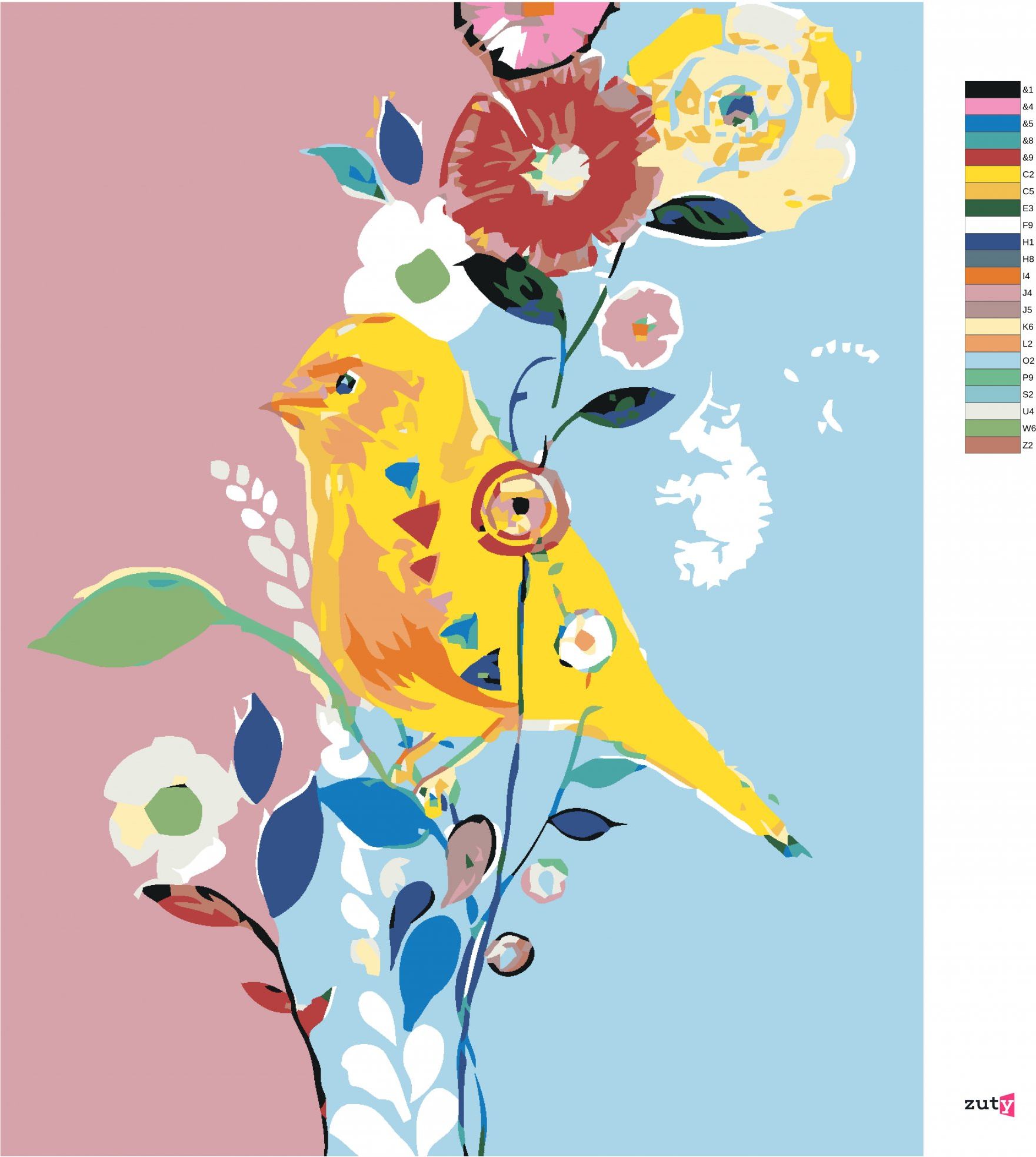 zuty Malování podle čísel - ŽLUTÝ PTÁČEK S KVĚTINAMI - Rozměr: 40x50 cm, Rámování: Varianta: vypnuté plátno na rám - obrázek 4