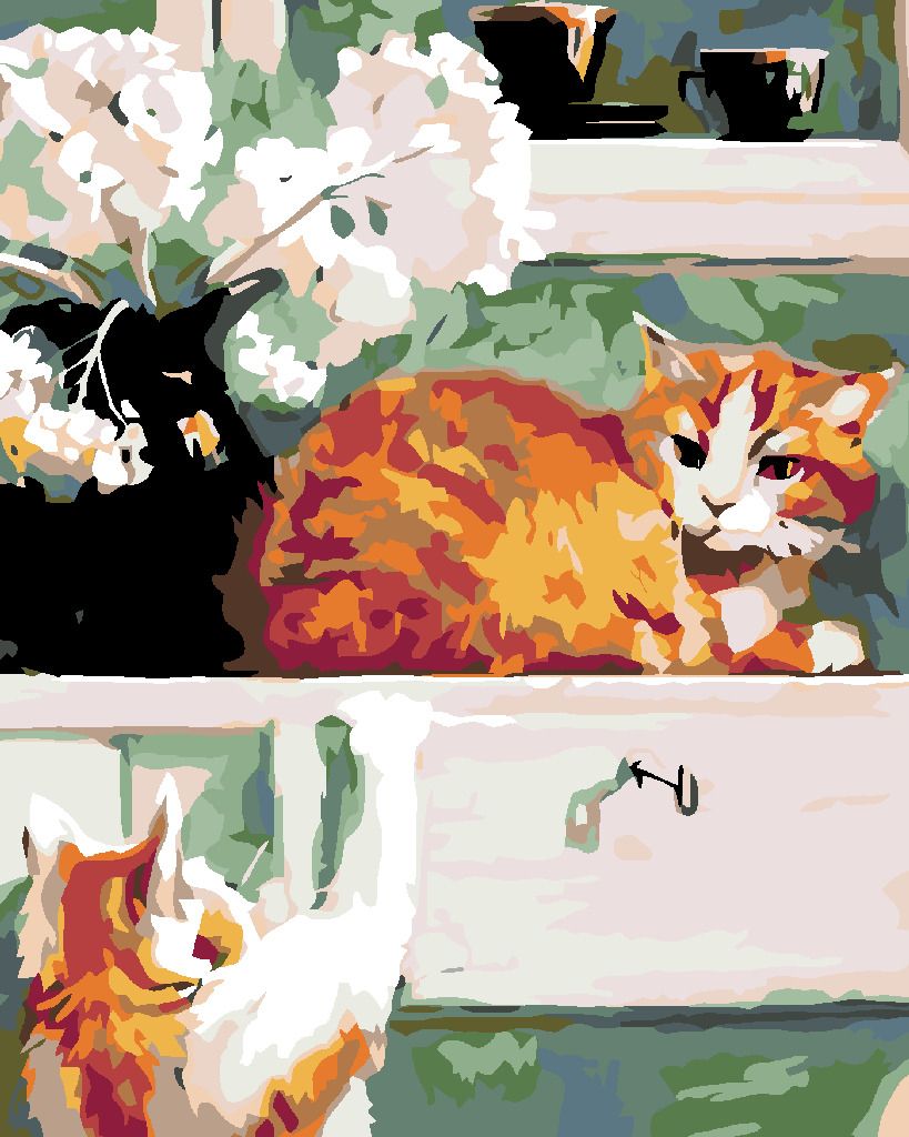 zuty Malování podle čísel - KOČKY POD OKNEM - Rozměr: 40x50 cm, Rámování: Varianta: vypnuté plátno na rám - obrázek 2