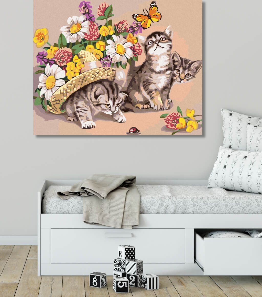 zuty Malování podle čísel - KOŤATA S KLOBOUKEM A KVĚTINAMI - Rozměr: 40x50 cm, Rámování: Varianta: vypnuté plátno na rám - obrázek 2