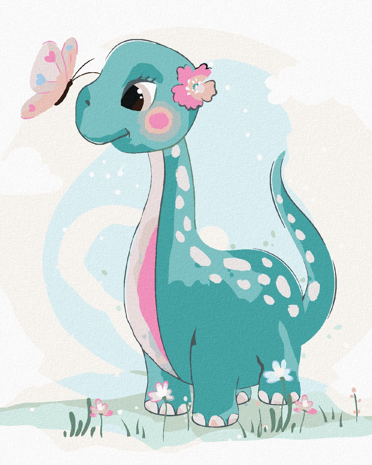 zuty Malování podle čísel - DINOSAURUS S MOTÝLKEM - Rozměr: 40x50 cm, Rámování: Varianta: bez rámu a bez vypnutí plátna - obrázek 1