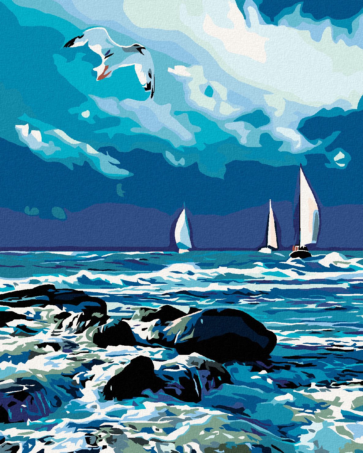 zuty Malování podle čísel - PLACHETNICE NA MOŘI A LETÍCÍ RACEK - Rozměr: 40x50 cm, Rámování: Varianta: vypnuté plátno na rám - obrázek 1