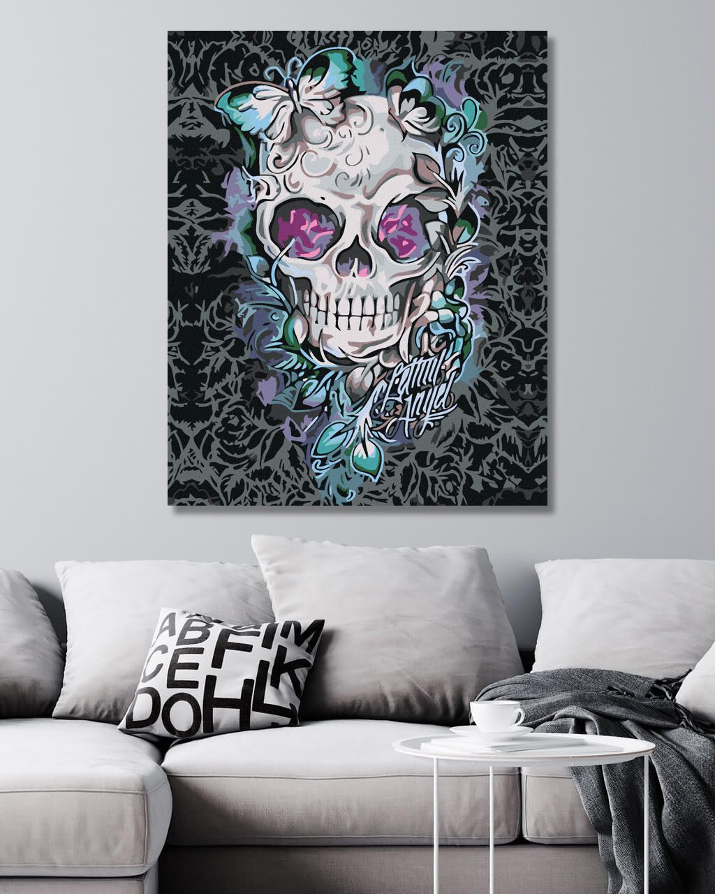 zuty Malování podle čísel - LEBKA S MOTÝLI A KVĚTY - Rozměr: 40x50 cm, Rámování: Varianta: bez rámu a bez vypnutí plátna - obrázek 3