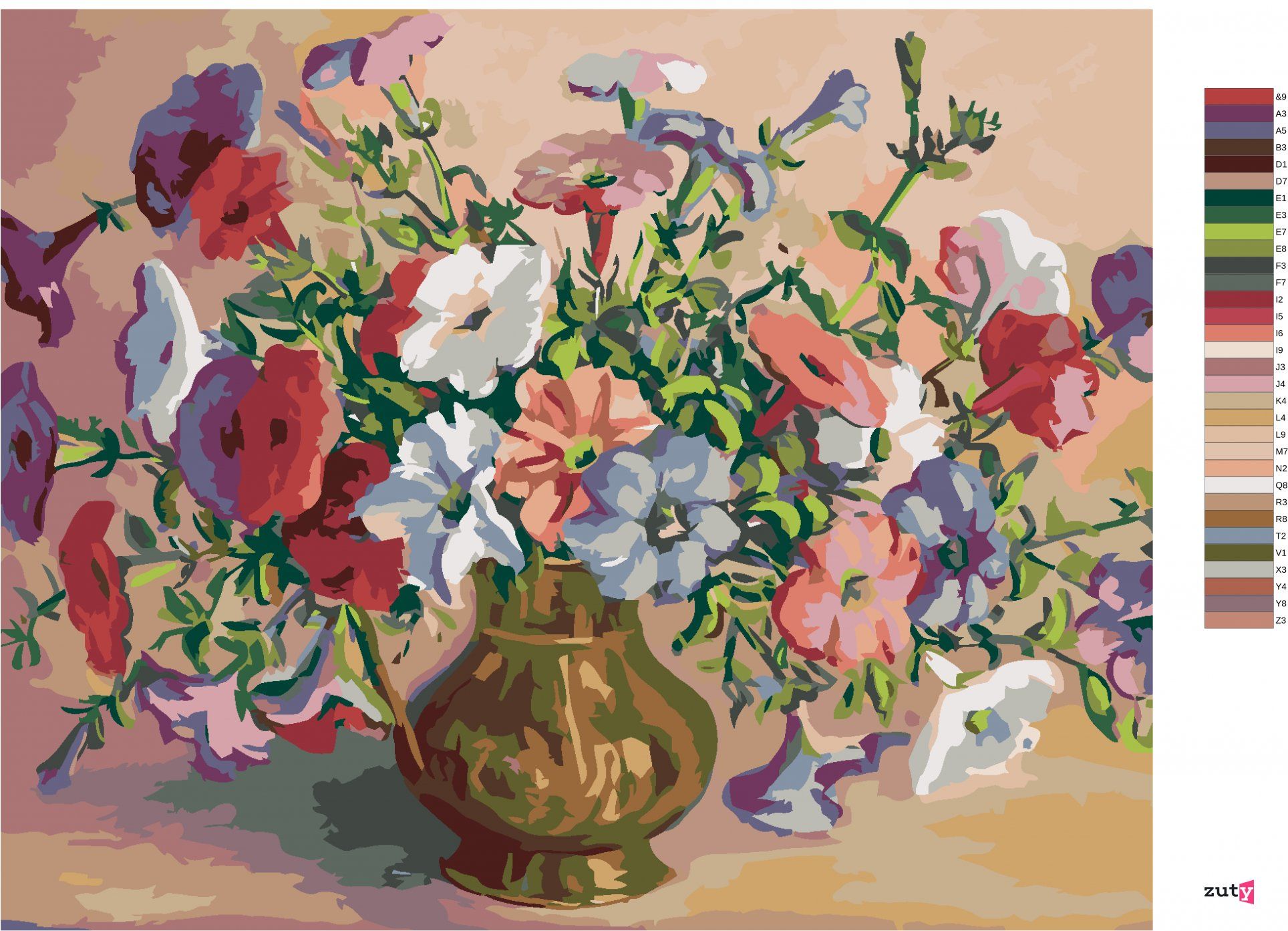 zuty Malování podle čísel - BOHATÁ KYTICE VE ZLATÉ VÁZE - Rozměr: 40x50 cm, Rámování: Varianta: bez rámu a bez vypnutí plátna - obrázek 2