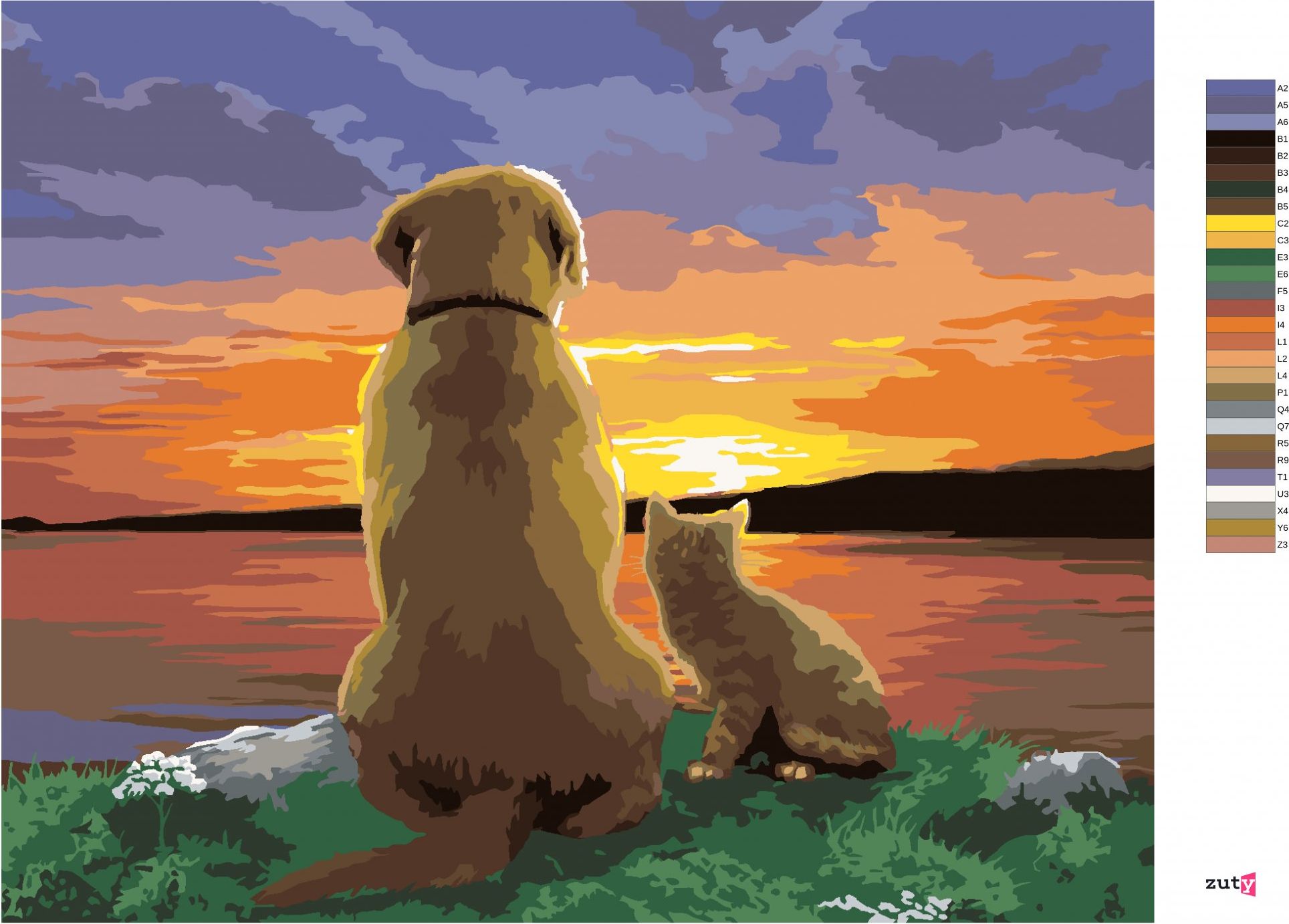 zuty Malování podle čísel - PES A KOČKA POZORUJÍ ZÁPAD SLUNCE (HOWARD ROBINSON) - Rozměr: 40x50 cm, Rámování: Varianta: vypnuté plátno na rám - obrázek 6