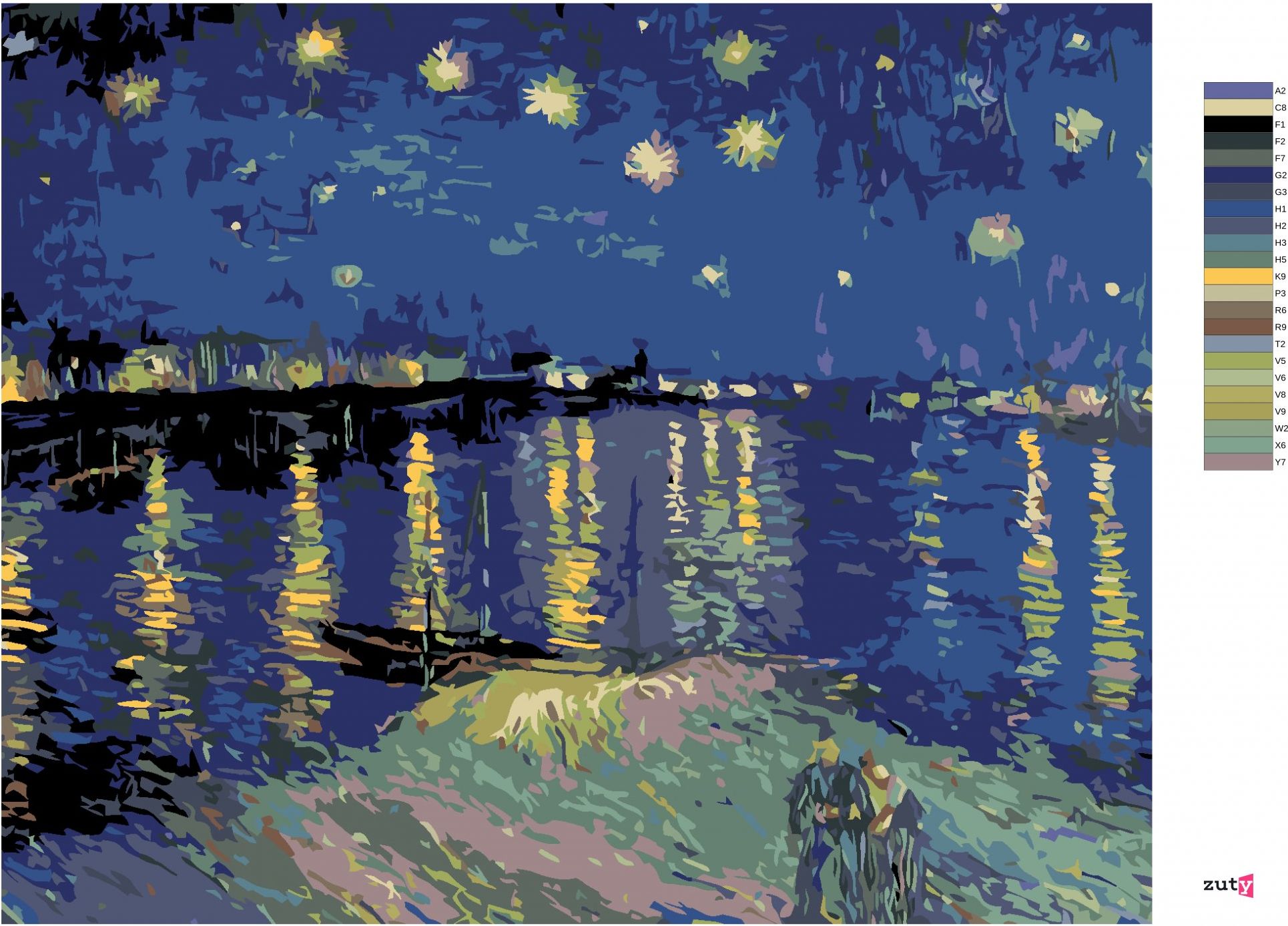 zuty Malování podle čísel - HVĚZDNÁ NOC NAD RHONOU (VAN GOGH) - Rozměr: 40x50 cm, Rámování: Varianta: bez rámu a bez vypnutí plátna - obrázek 6