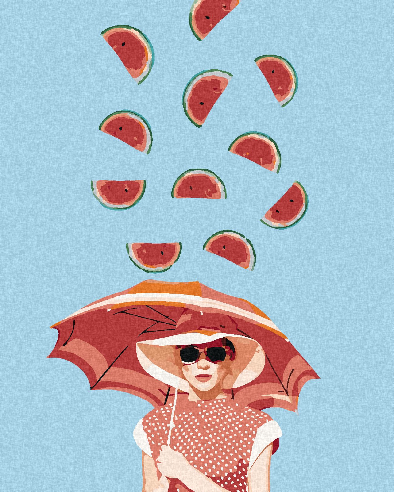 zuty Malování podle čísel - ŽENA S DEŠTNÍKEM A PADAJÍCÍ MELOUNY - Rozměr: 40x50 cm, Rámování: Varianta: bez rámu a bez vypnutí plátna - obrázek 1