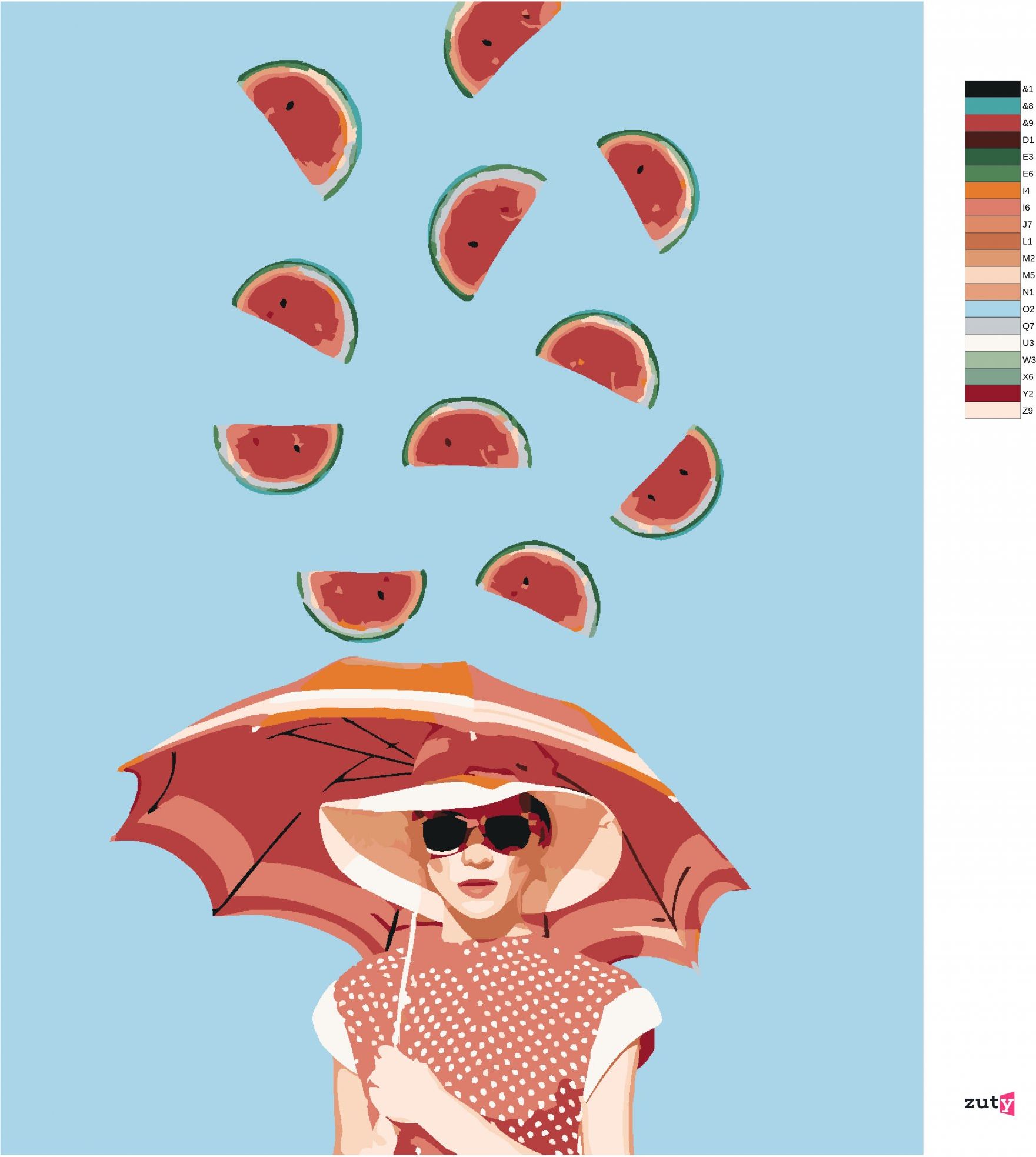 zuty Malování podle čísel - ŽENA S DEŠTNÍKEM A PADAJÍCÍ MELOUNY - Rozměr: 40x50 cm, Rámování: Varianta: bez rámu a bez vypnutí plátna - obrázek 3