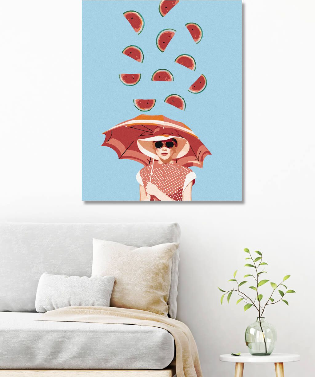 zuty Malování podle čísel - ŽENA S DEŠTNÍKEM A PADAJÍCÍ MELOUNY - Rozměr: 40x50 cm, Rámování: Varianta: bez rámu a bez vypnutí plátna - obrázek 4