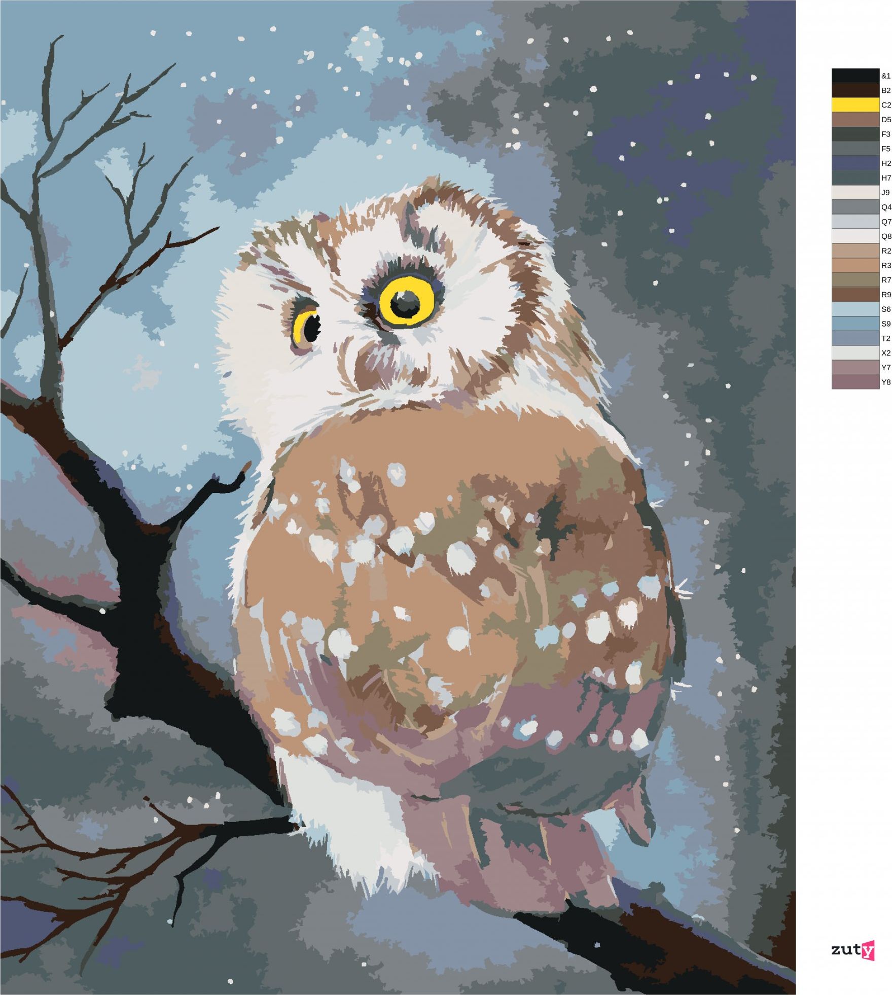 zuty Malování podle čísel - ZIMNÍ SOVA - Rozměr: 40x50 cm, Rámování: Varianta: bez rámu a bez vypnutí plátna - obrázek 2