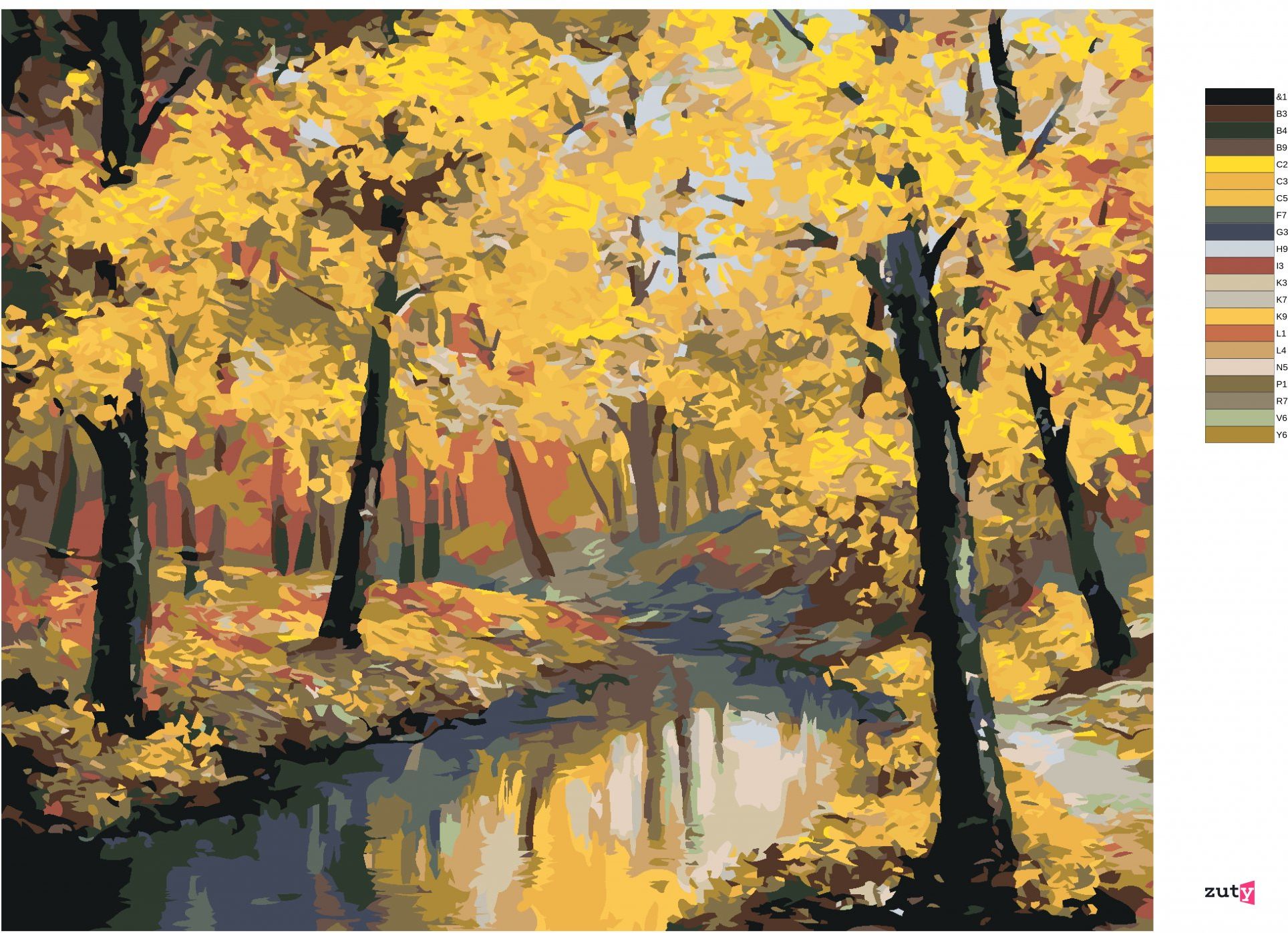 zuty Malování podle čísel - PODZIMNÍ LES A ŘEKA - Rozměr: 40x50 cm, Rámování: Varianta: vypnuté plátno na rám - obrázek 3