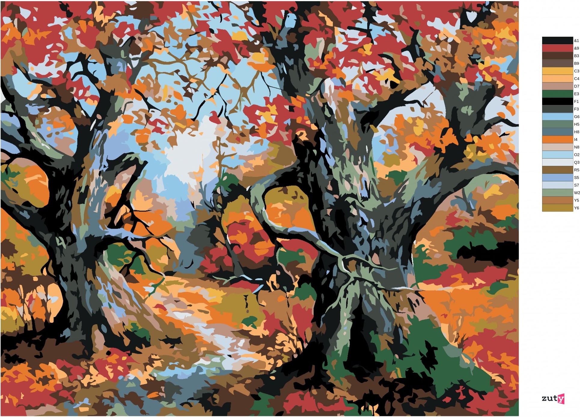 zuty Malování podle čísel - STROMY A PODZIMNÍ KRAJINA - Rozměr: 40x50 cm, Rámování: Varianta: bez rámu a bez vypnutí plátna - obrázek 8