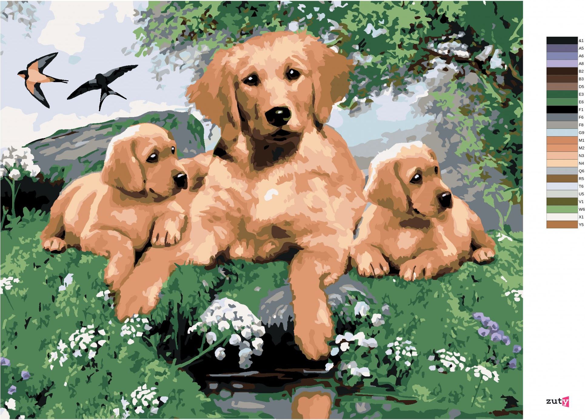 zuty Malování podle čísel - ZLATÝ RETRÍVR A ŠTĚŇATA (HOWARD ROBINSON) - Rozměr: 40x50 cm, Rámování: Varianta: bez rámu a bez vypnutí plátna - obrázek 8