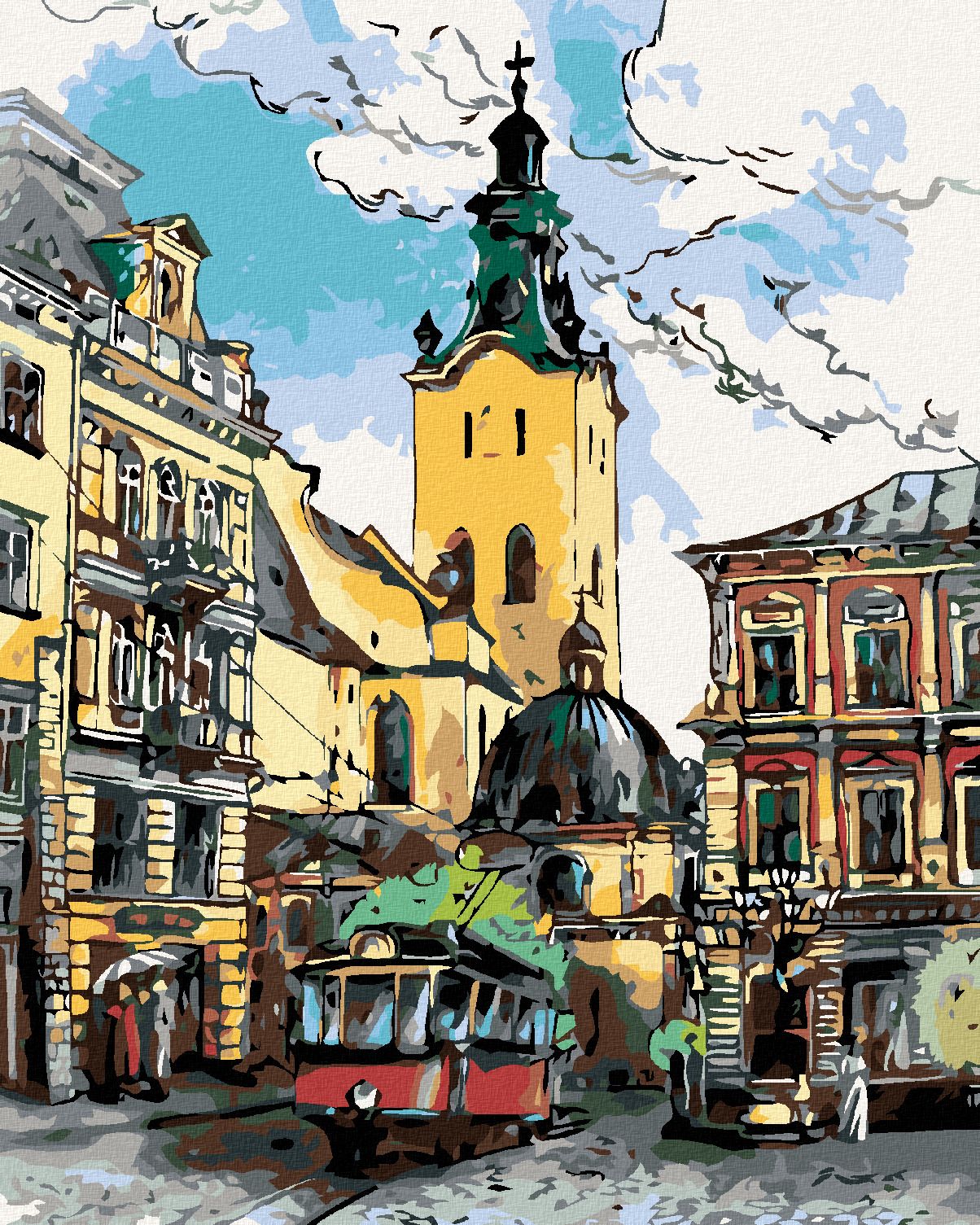 zuty Malování podle čísel - TRAMVAJ NA NÁMĚSTÍ - Rozměr: 40x50 cm, Rámování: Varianta: vypnuté plátno na rám - obrázek 1